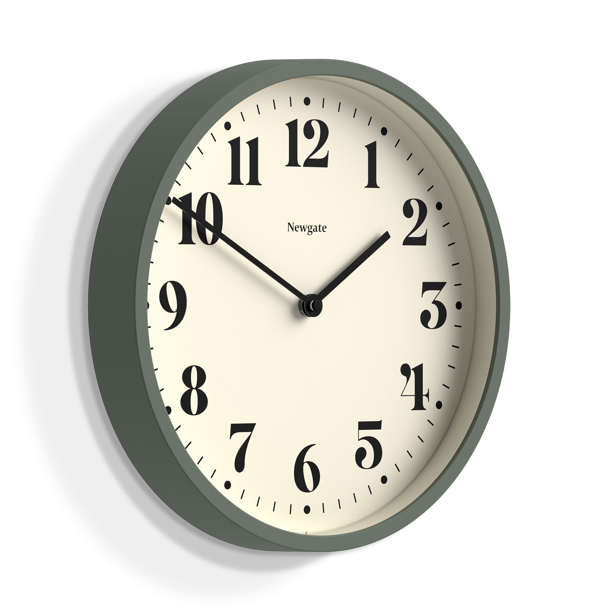 Side view matte green wall clock with cream dial, black numerals and hands