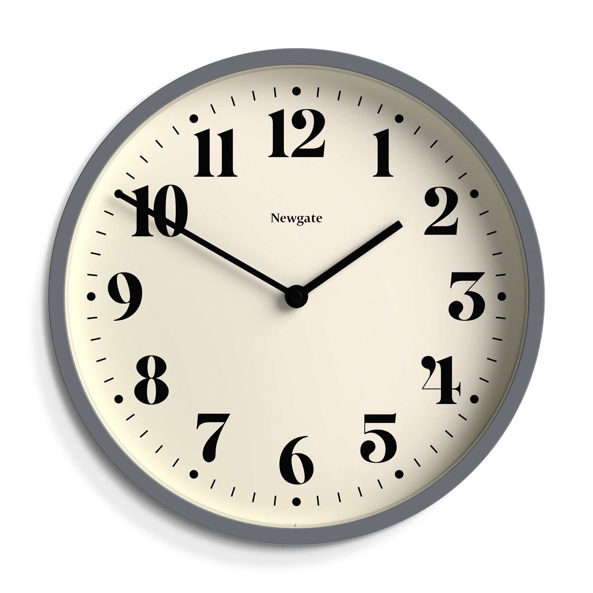Newgate wall clock with dark navy frame and cream dial, Roman numerals, black hands