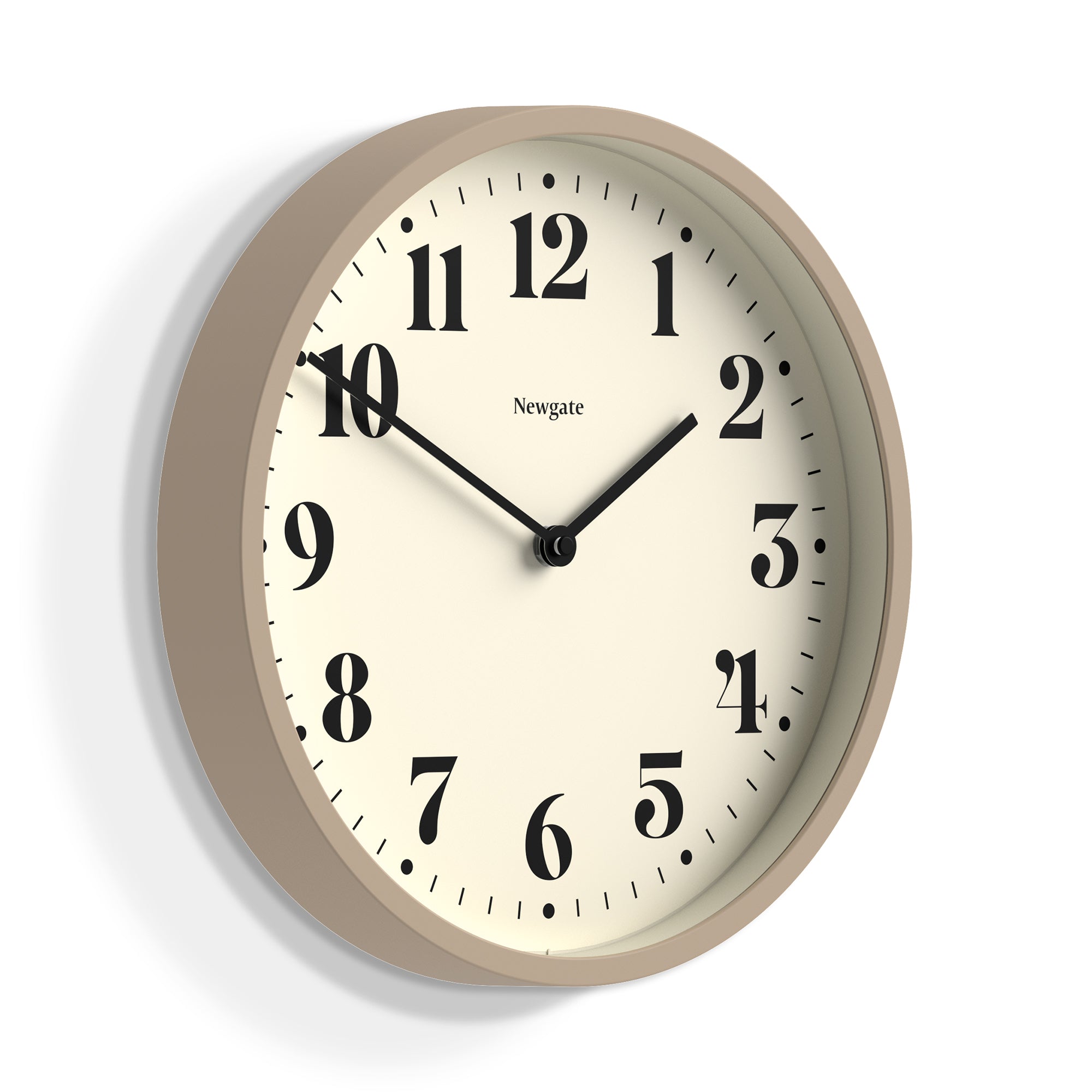 Matte stone wall clock close view, cream face with black numerals and hands