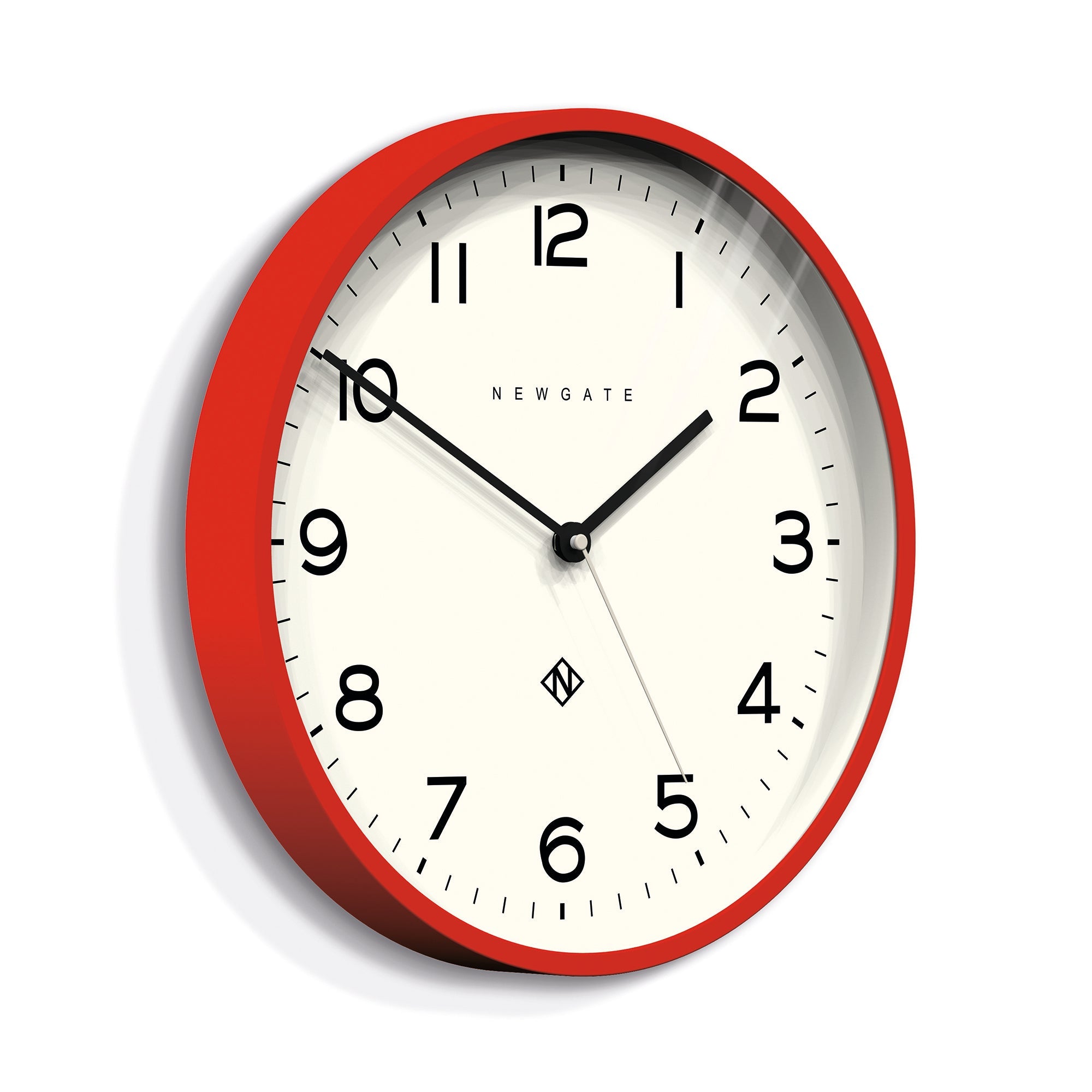Red wall clock with white dial, black markers and hands, round silicone rim