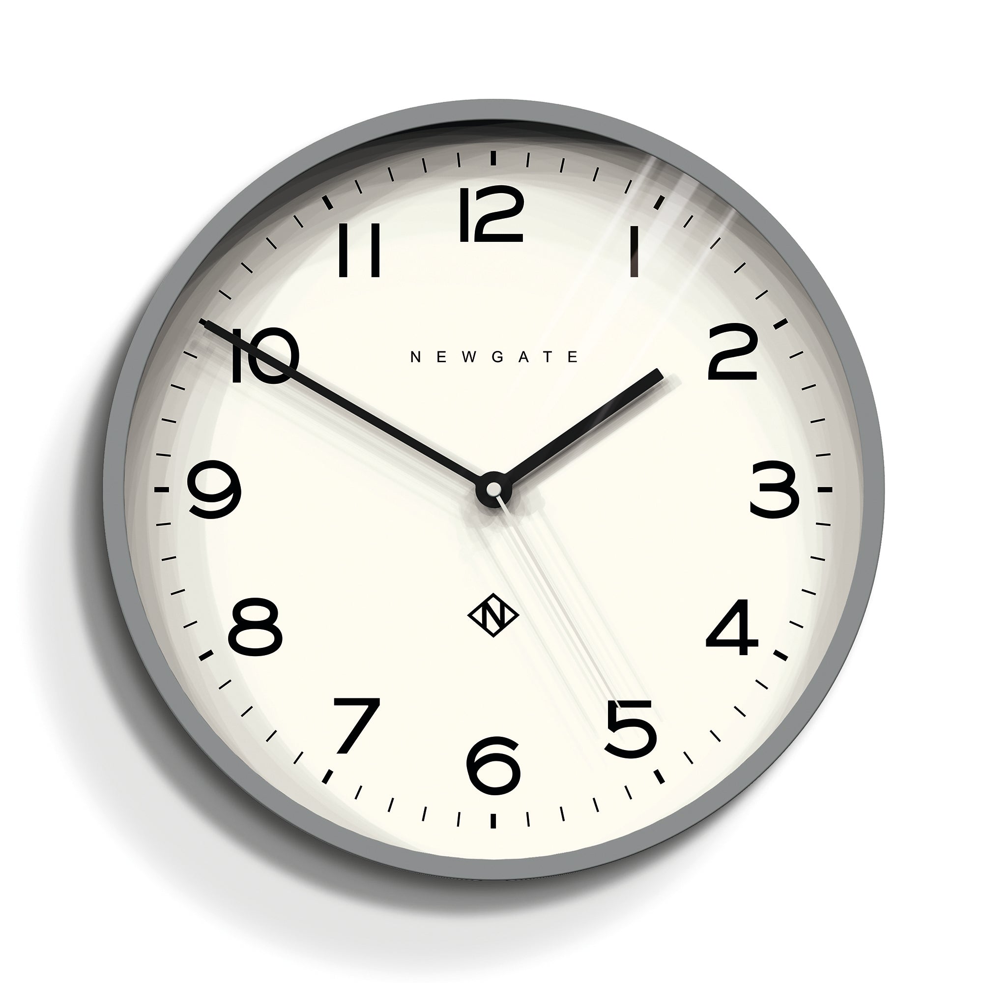 Round grey wall clock with white face, black numbers, and hour/minute hands