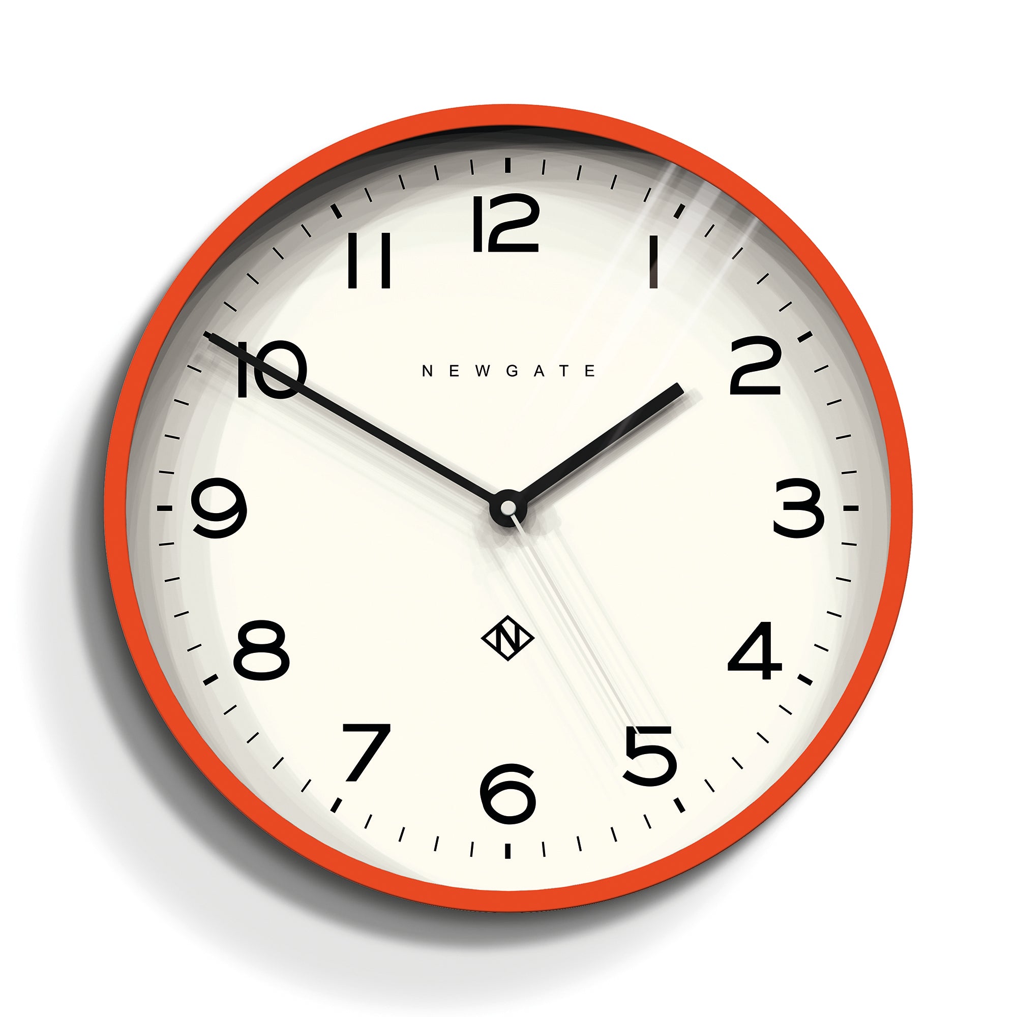 Orange wall clock with black hands and hour markers, Newgate Echo Number Three