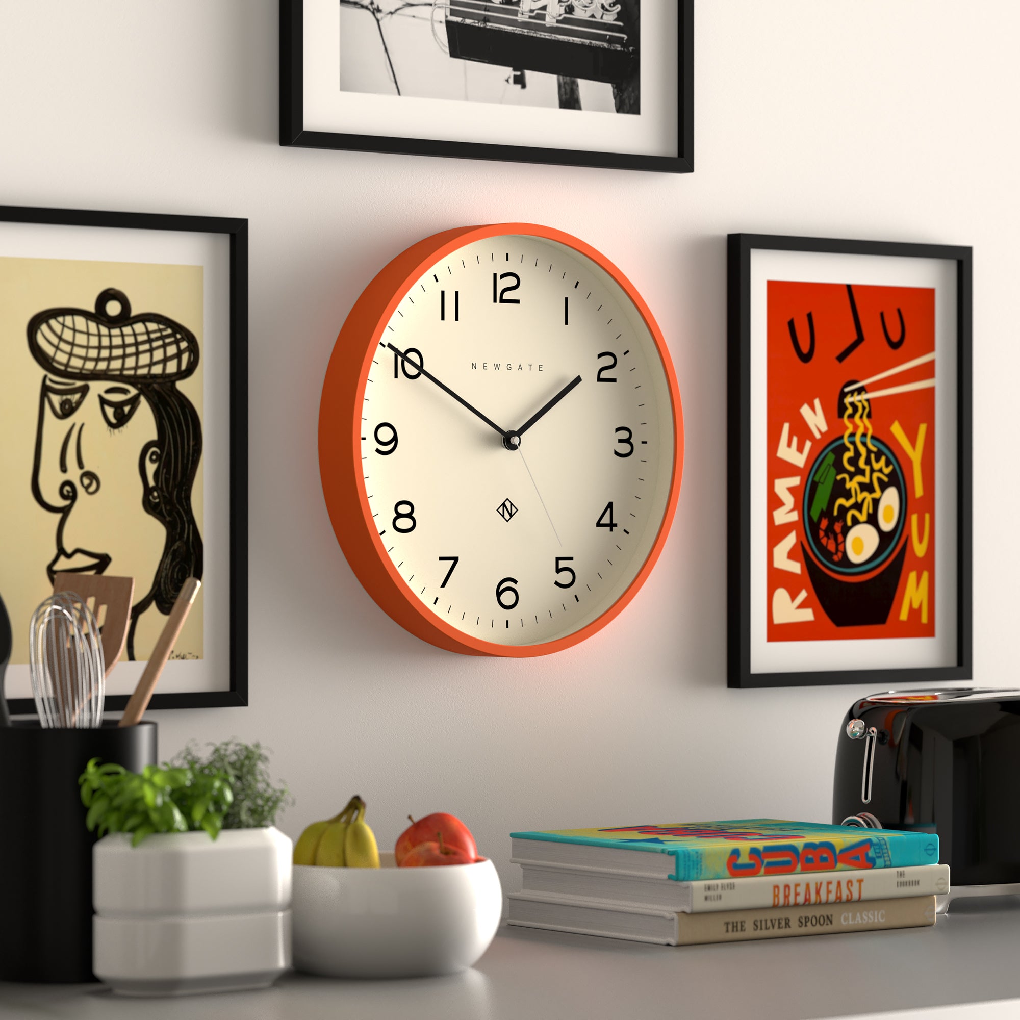 Orange wall clock with black hands, cream dial, Newgate Echo Number Three