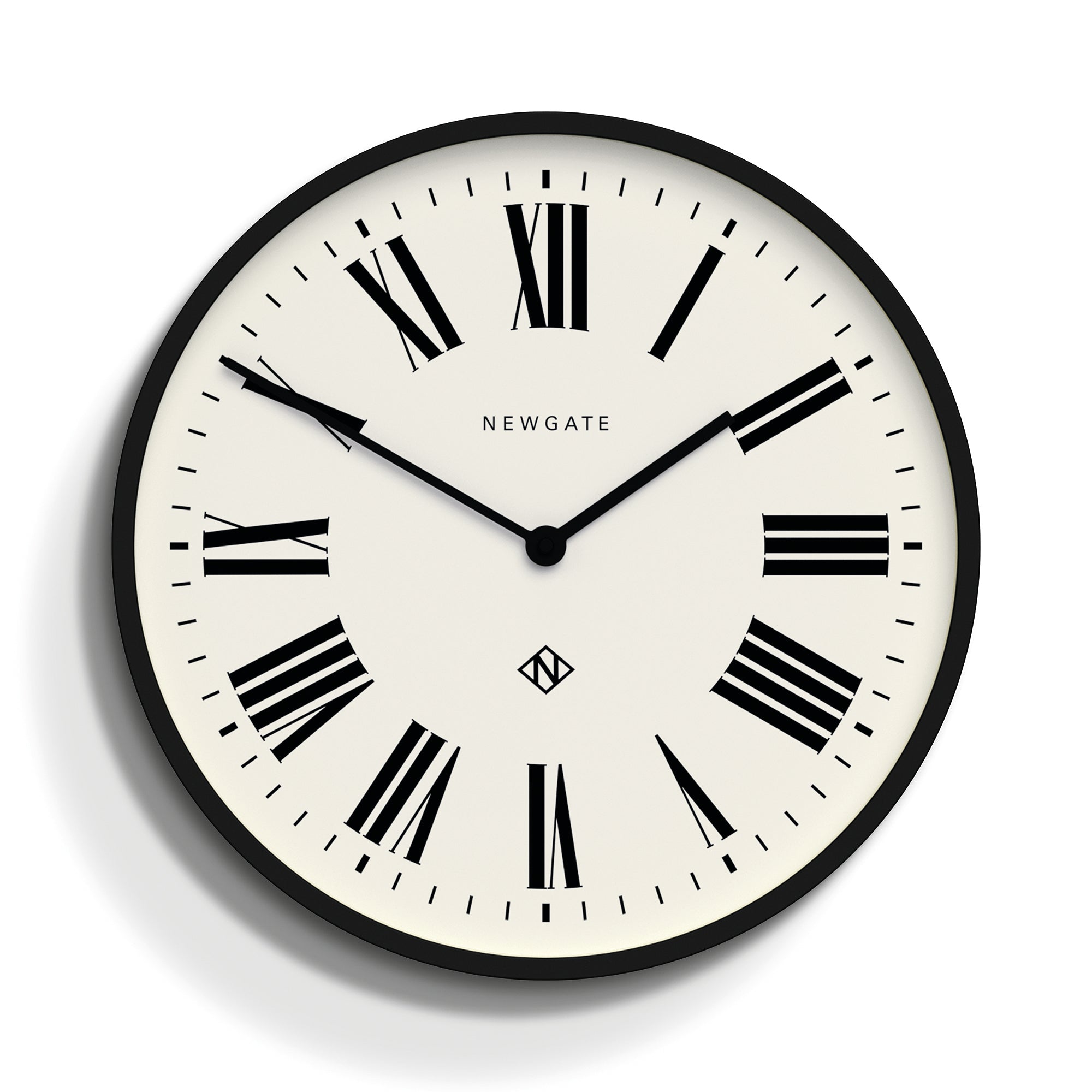 Black-framed wall clock with cream dial, Roman numerals and black hands