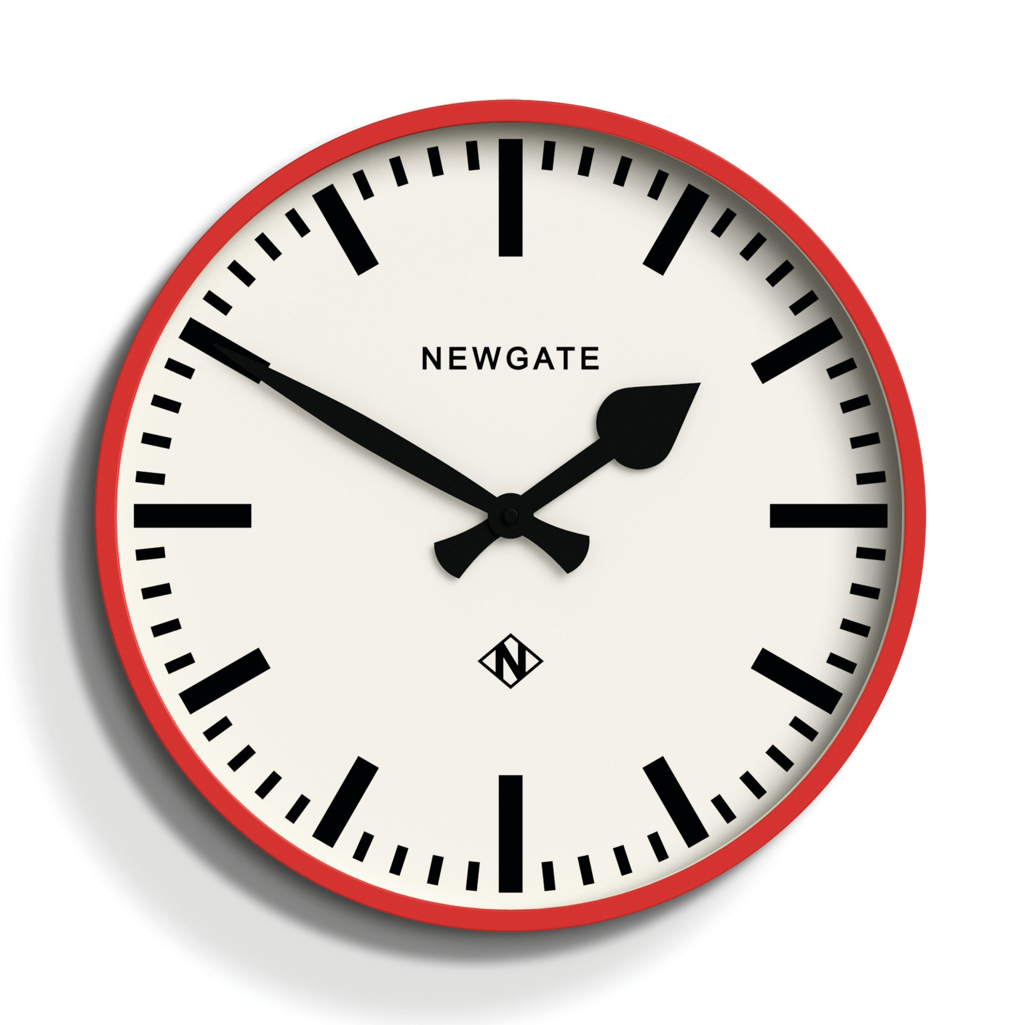 Red round wall clock with black hands and hour markers, Newgate logo at center.