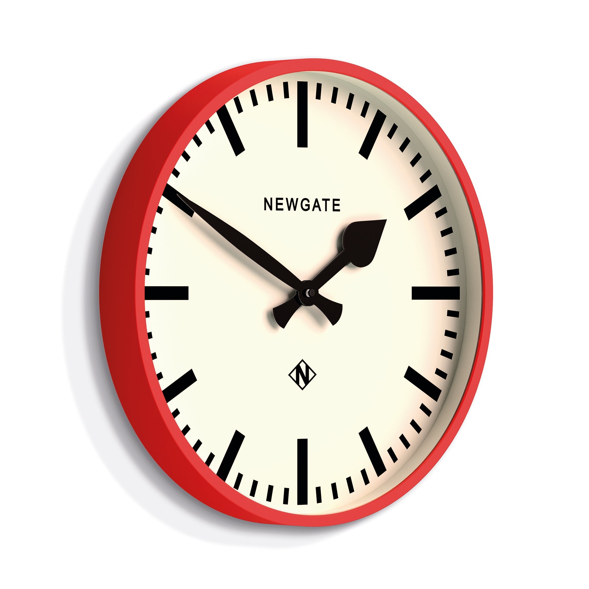 Red wall clock with black markers, Newgate text, and two black hands.
