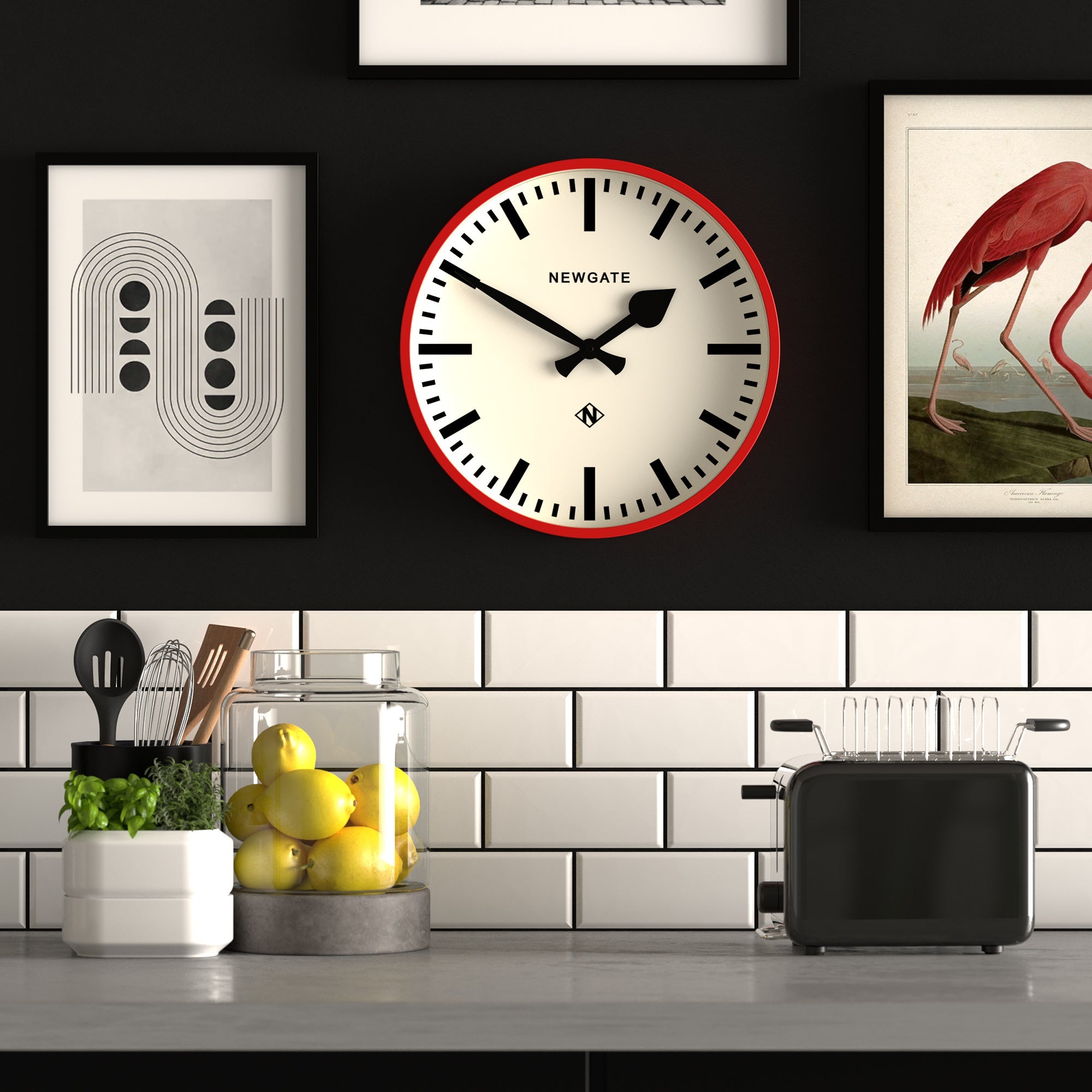 Red wall clock with black hands and markers, Newgate logo on white dial.