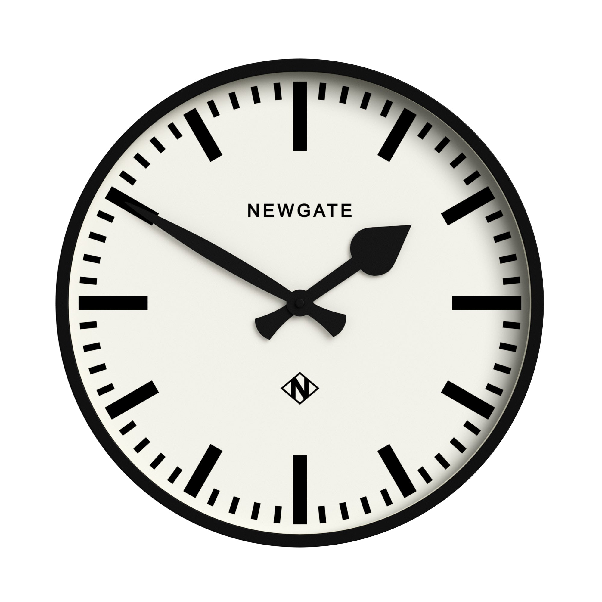 Black wall clock with white dial, minute track, and black hands