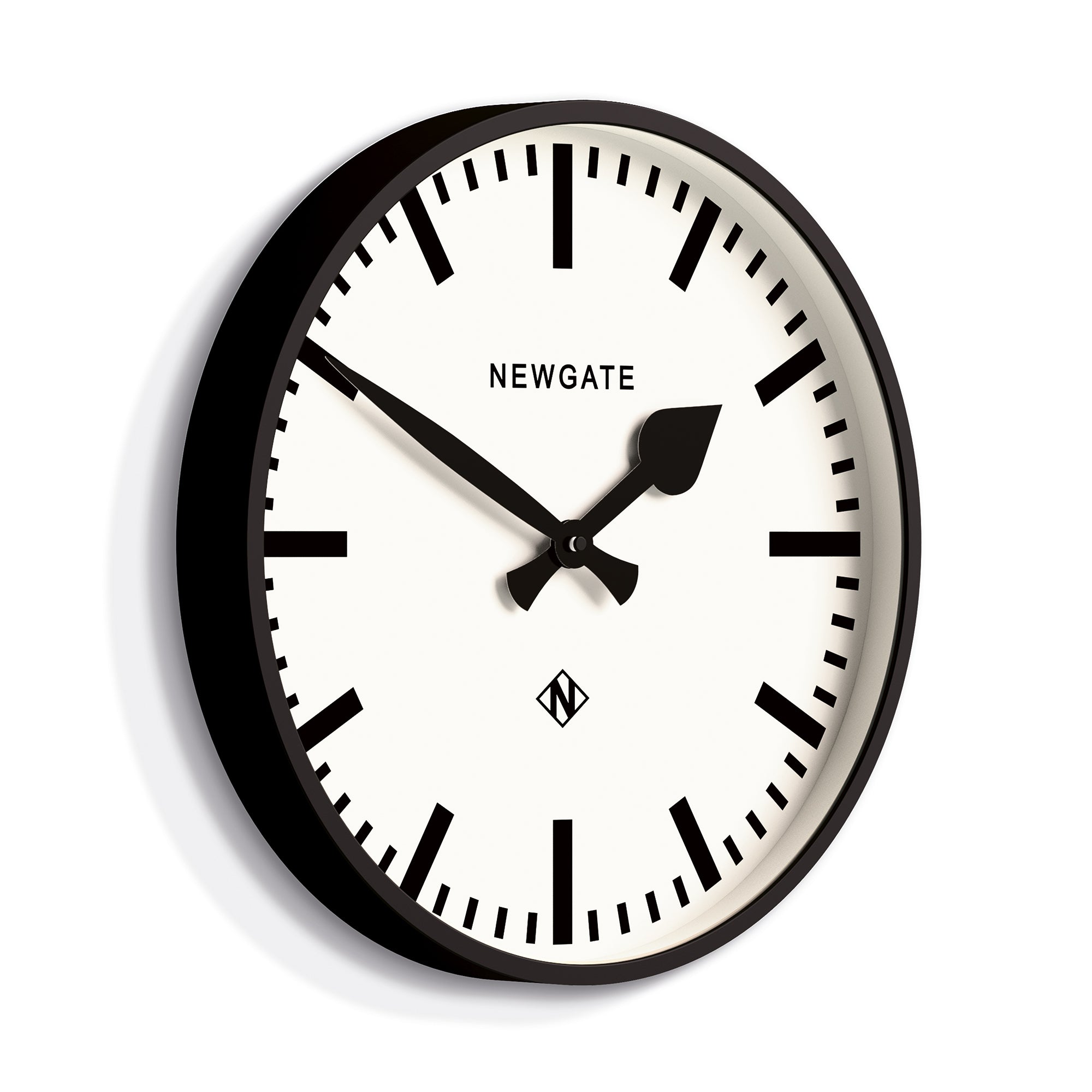 Black bezel clock with white face, bold hour markers, and black hands