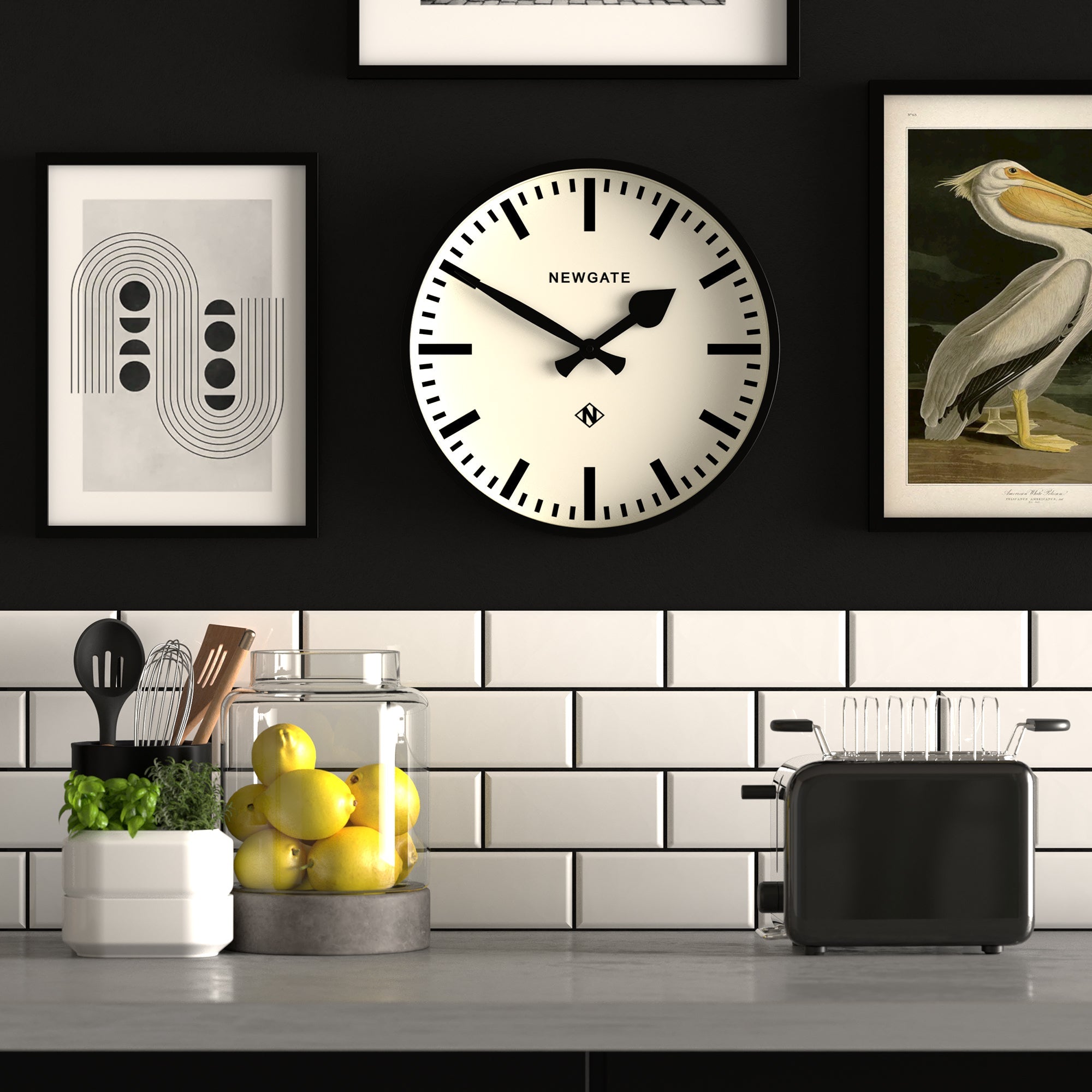 Round wall clock with black rim, white dial, and black hour/minute hands
