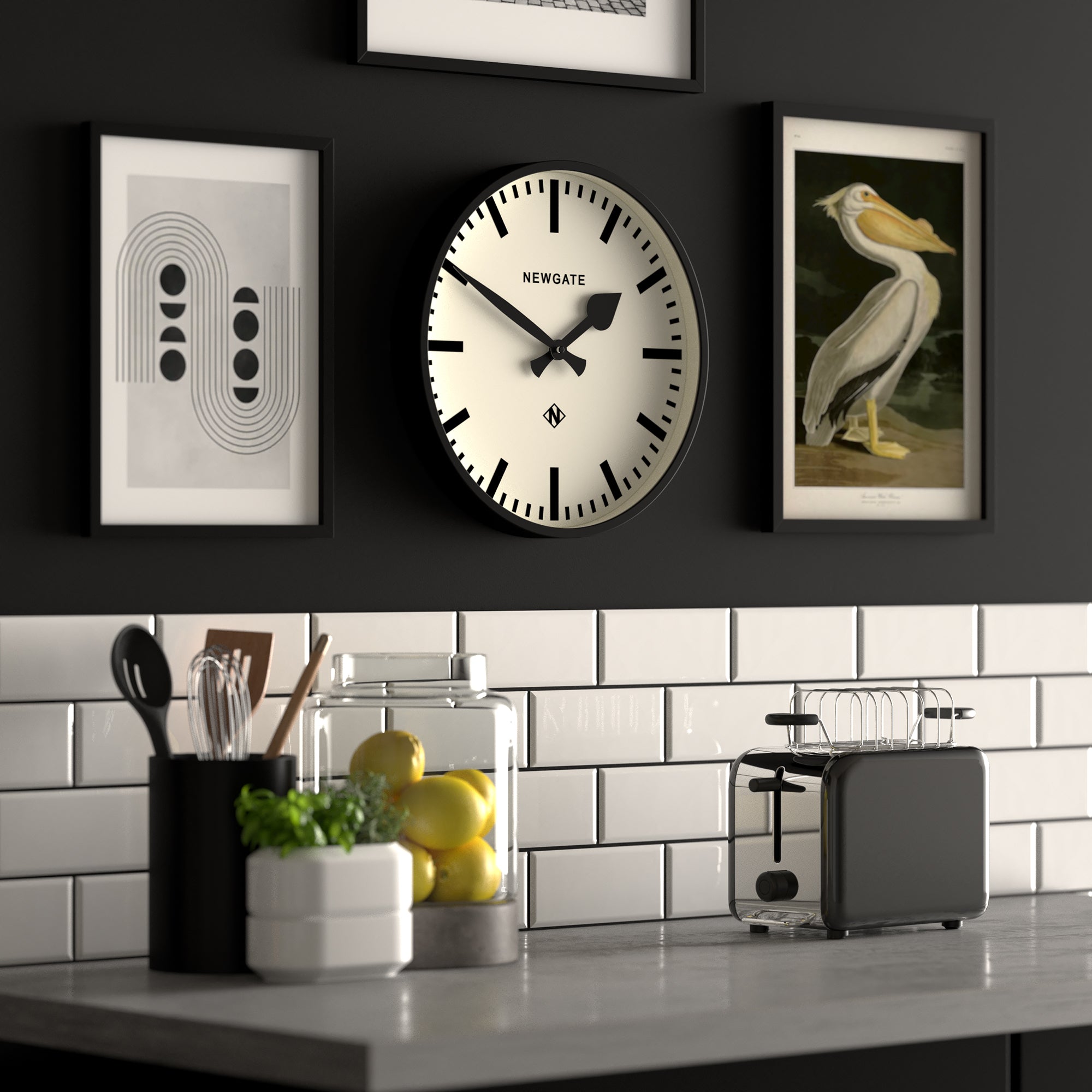 Round wall clock with black bezel, white dial, and black second hand