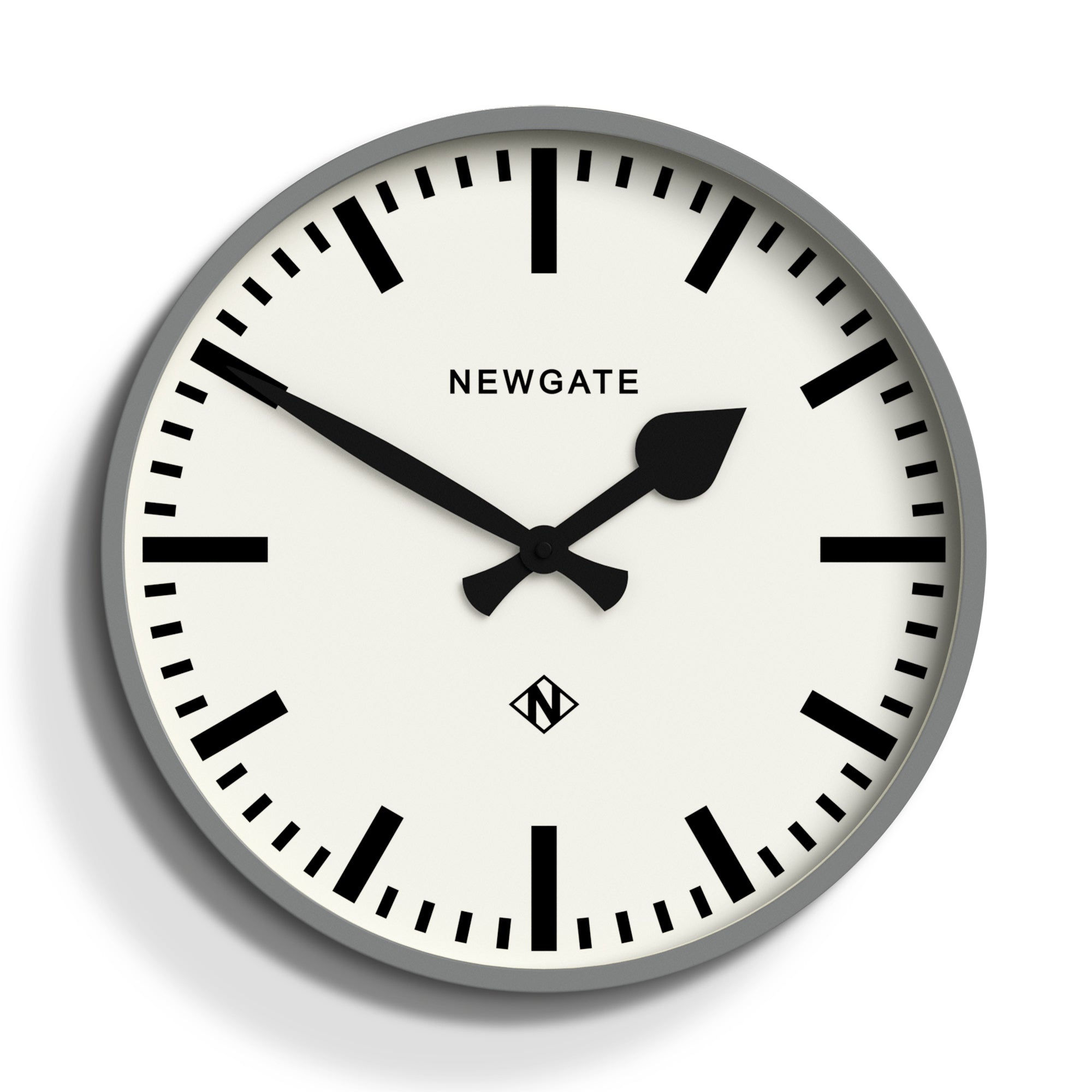 Grey wall clock with white dial, black hands and hour markers, NEWGATE logo.