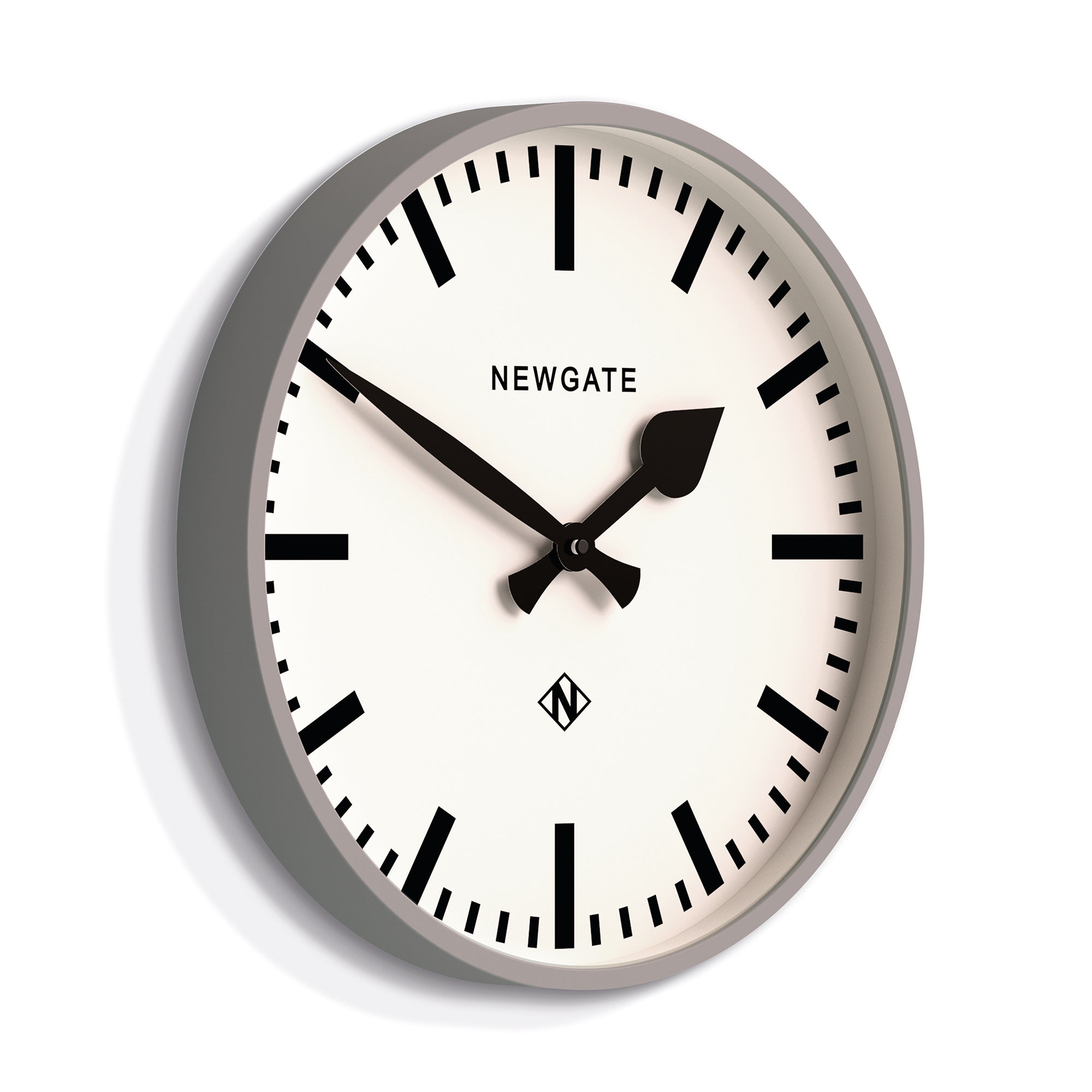Grey wall clock, white dial with black hour markers and hands, NEWGATE center text.