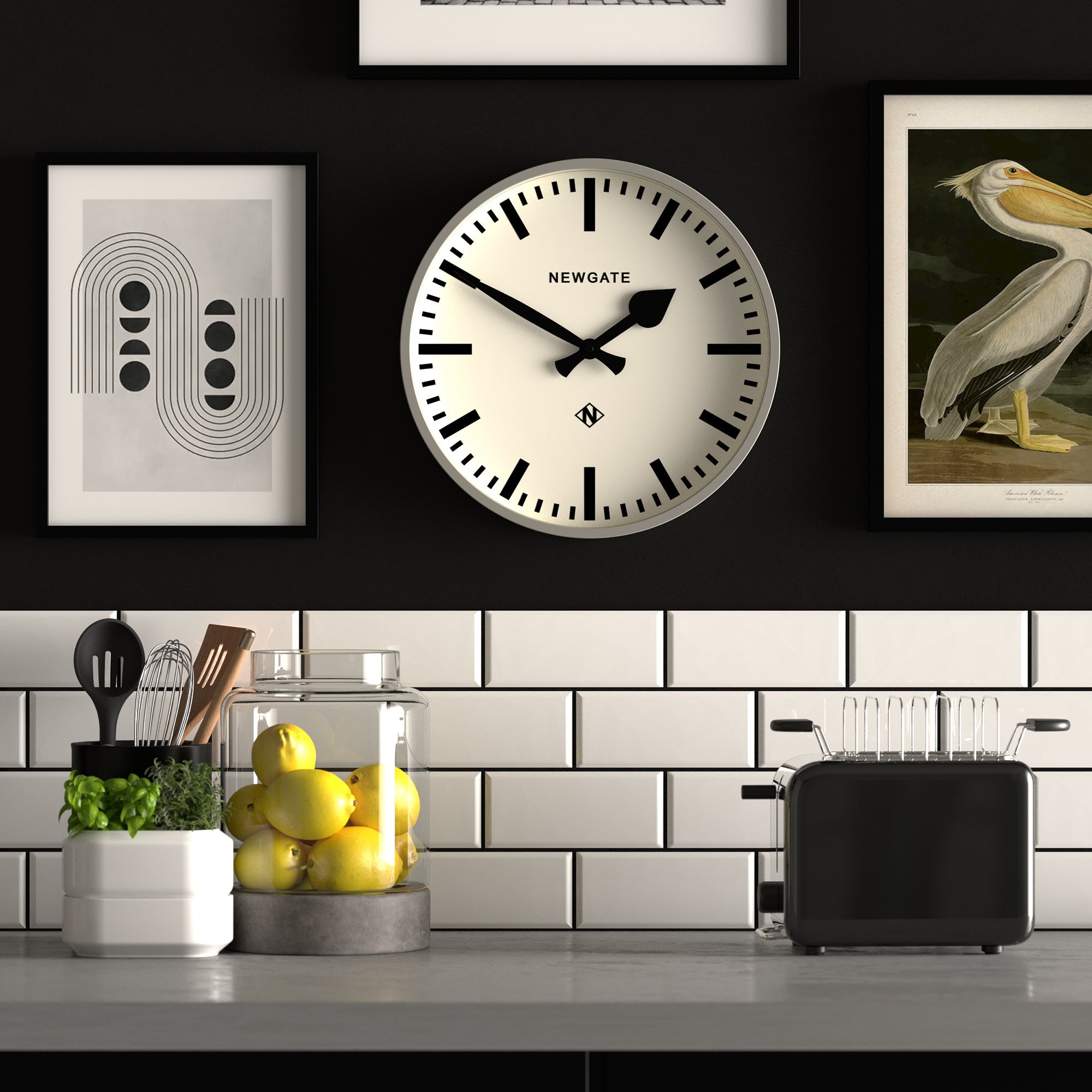 Grey round wall clock with white dial, black hands, and hour markers, NEWGATE logo.