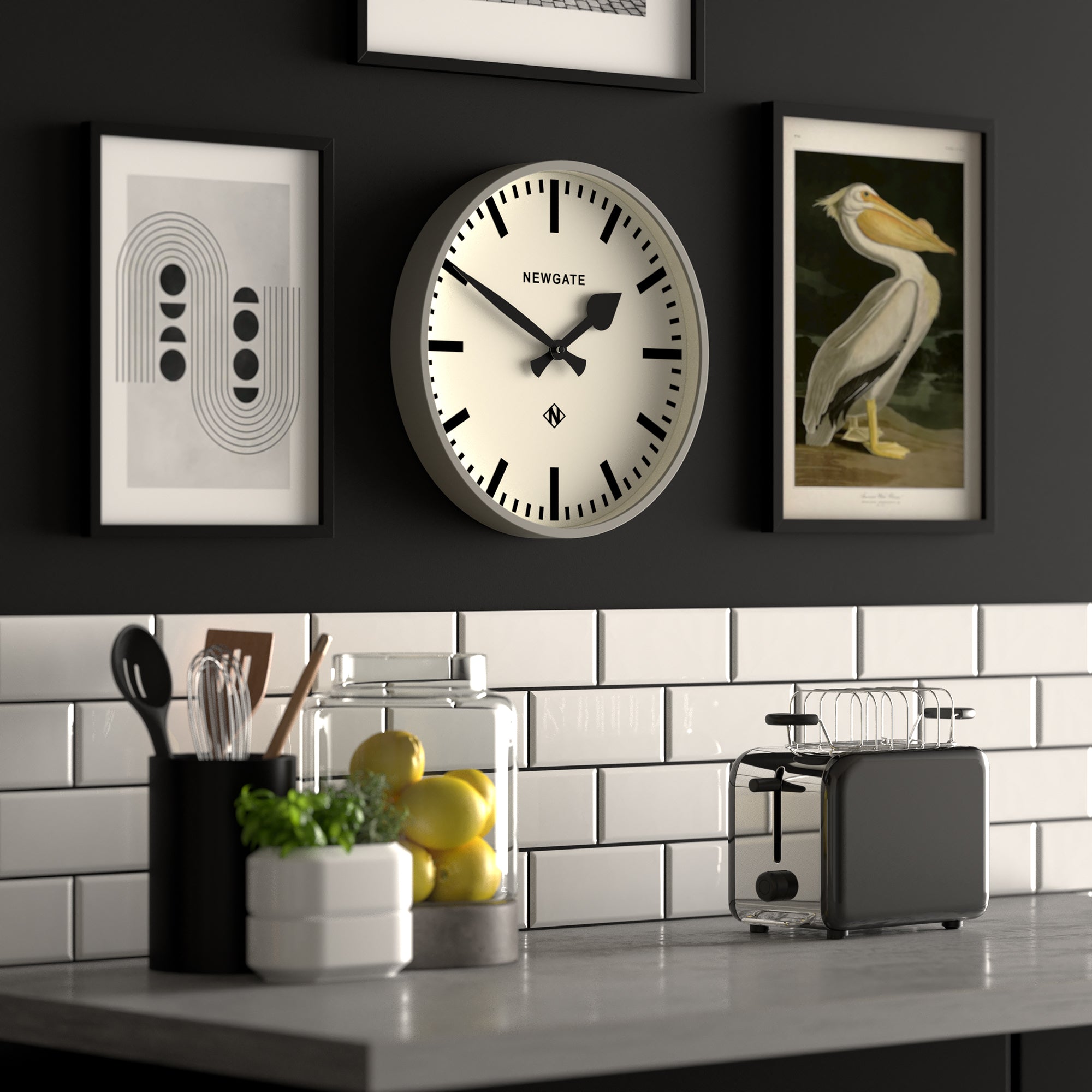 Grey round wall clock with white dial, black hour markers and hands, NEWGATE.