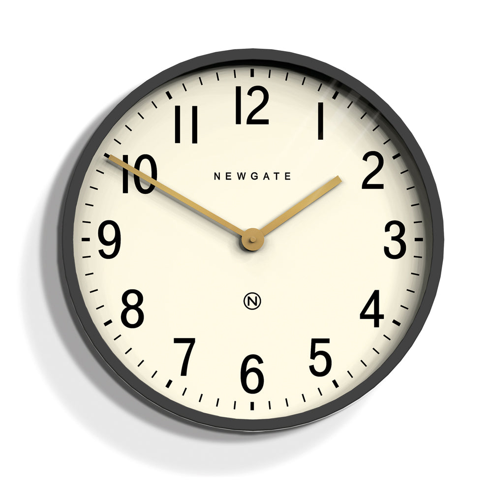 Matte wall clock with grey frame, cream dial, gold hands, black numerals, Newgate