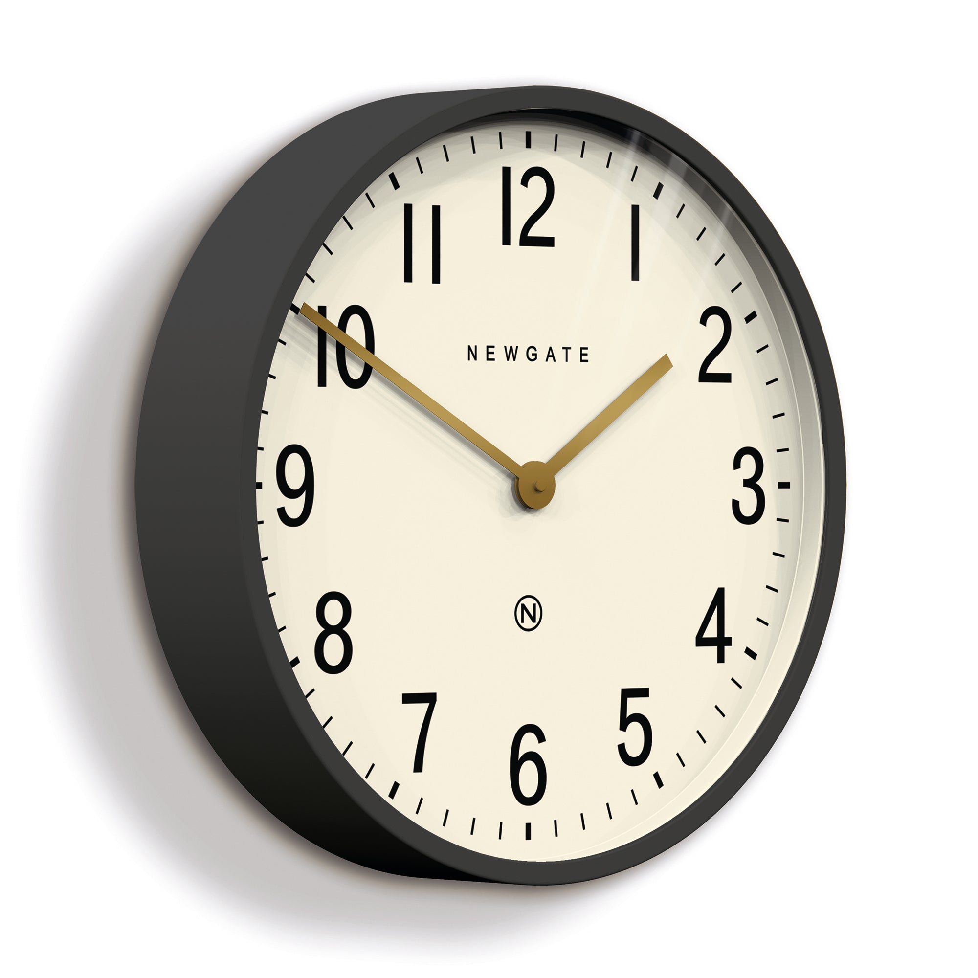 Angled matte wall clock with dark grey bezel, cream dial, gold hands, black numerals