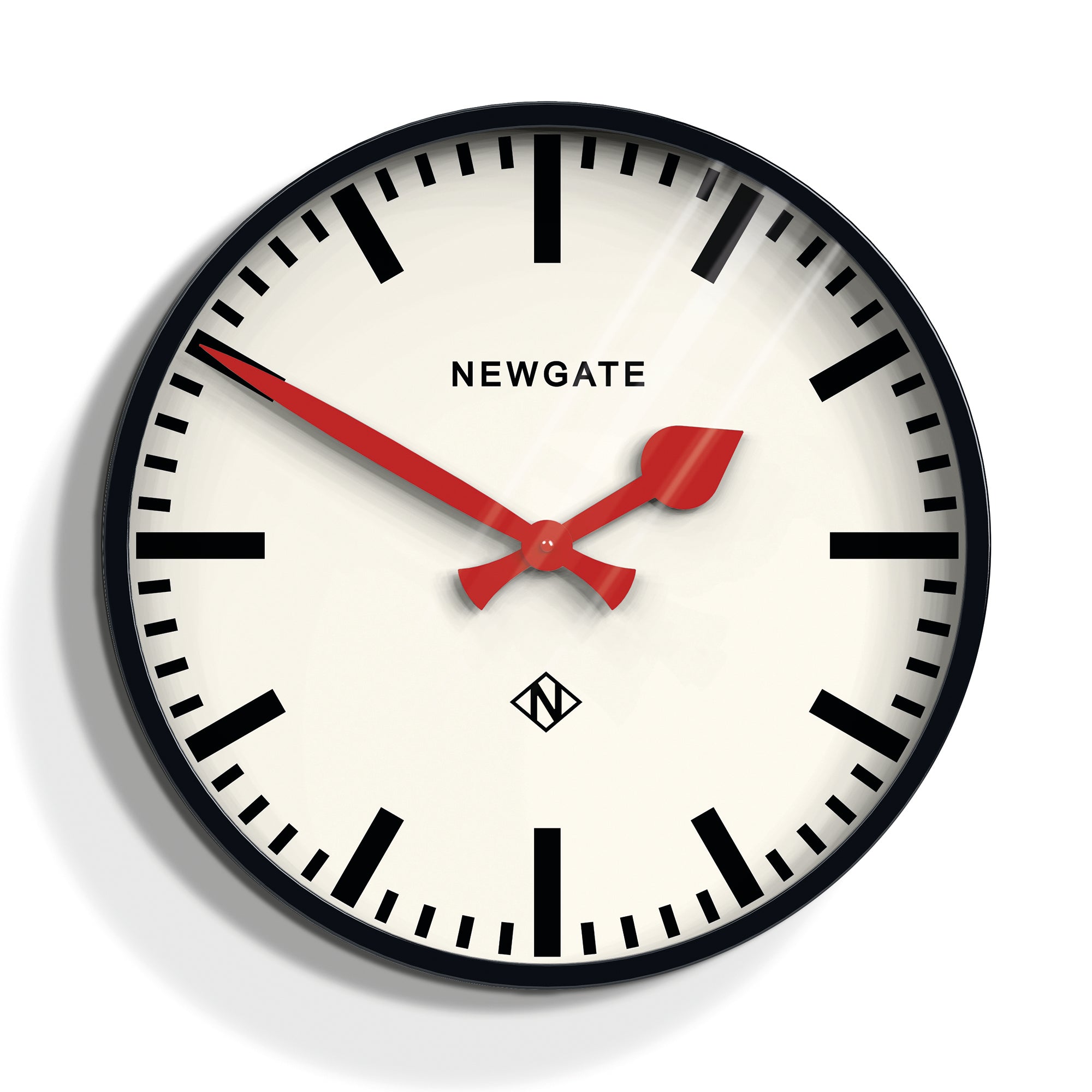 Black wall clock with white face, red hands, and Newgate logo at center.