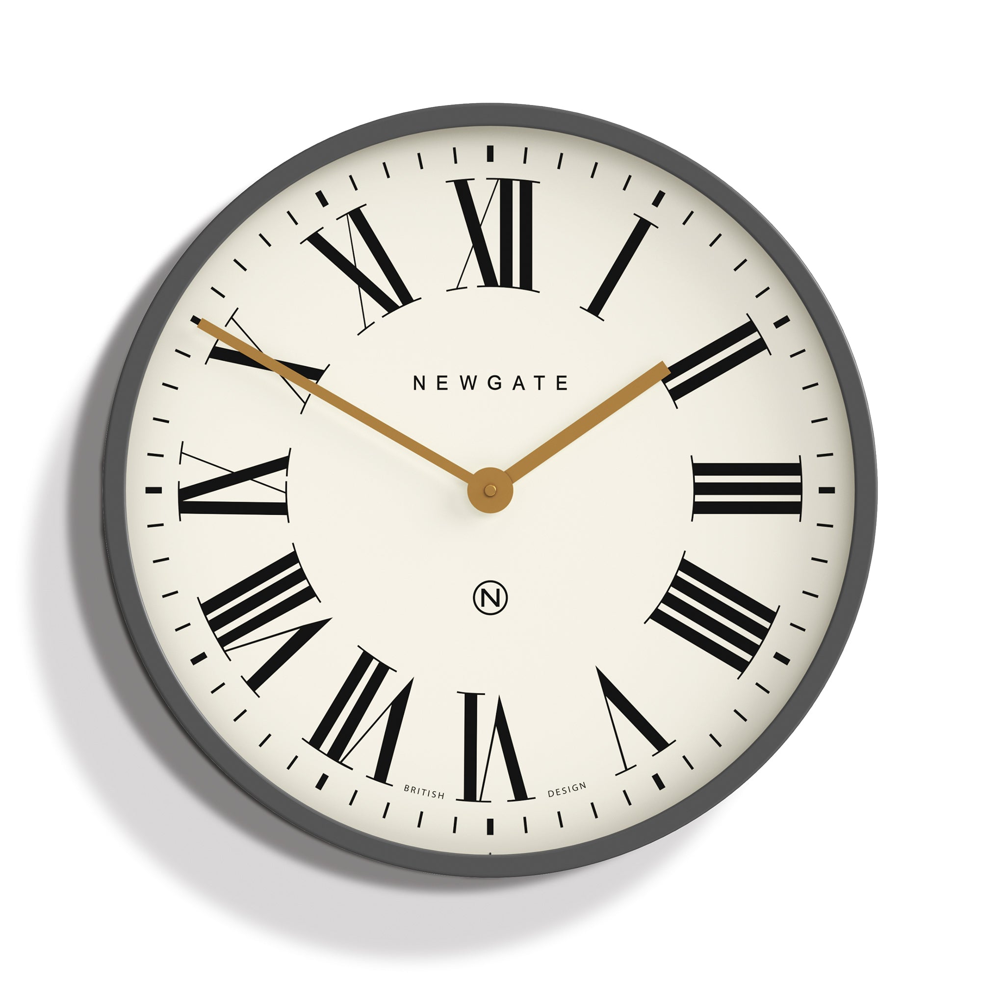 Grey wall clock with white dial, Roman numerals, black markers, gold hands