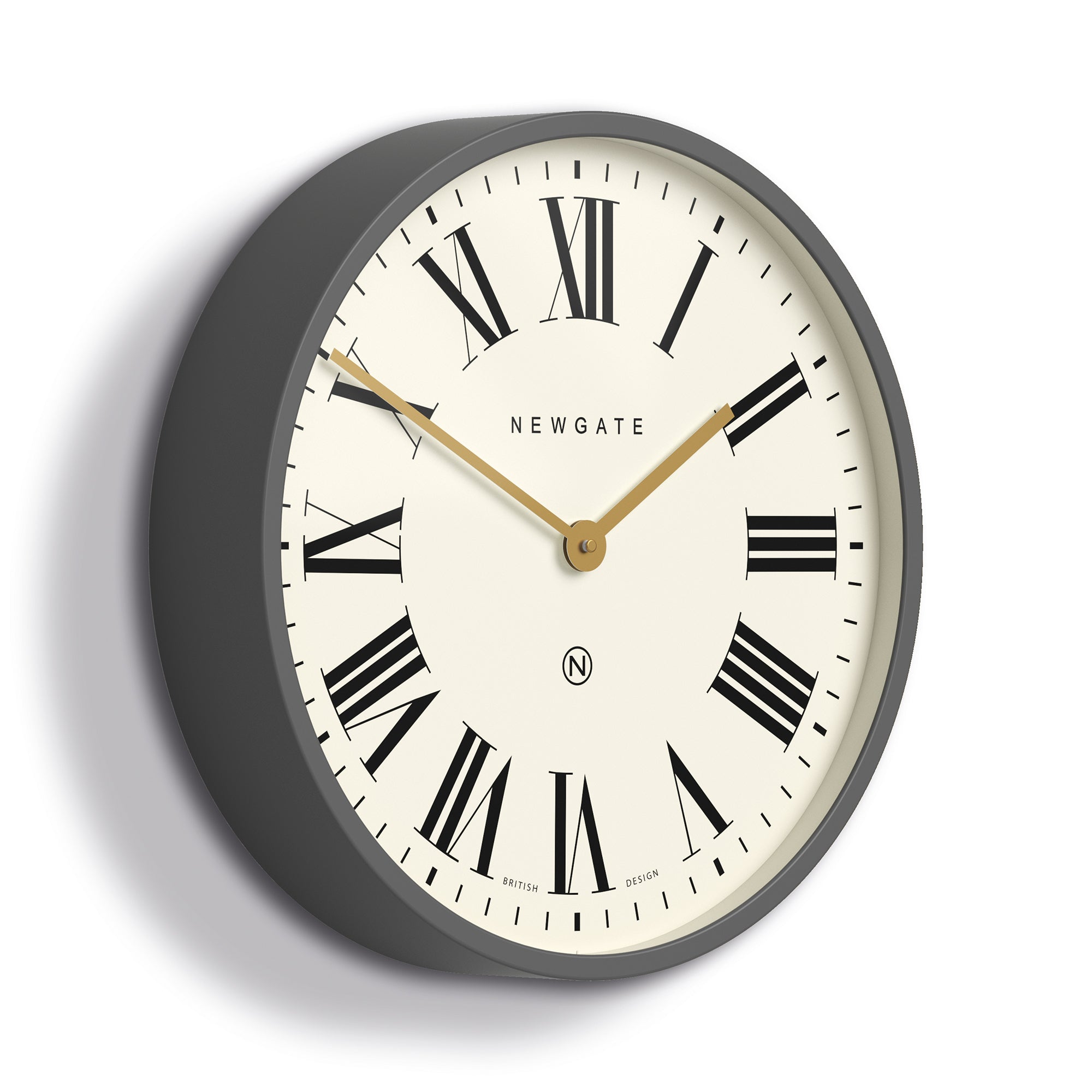 Grey wall clock with white Roman numeral dial, black ticks, gold hour and minute hands