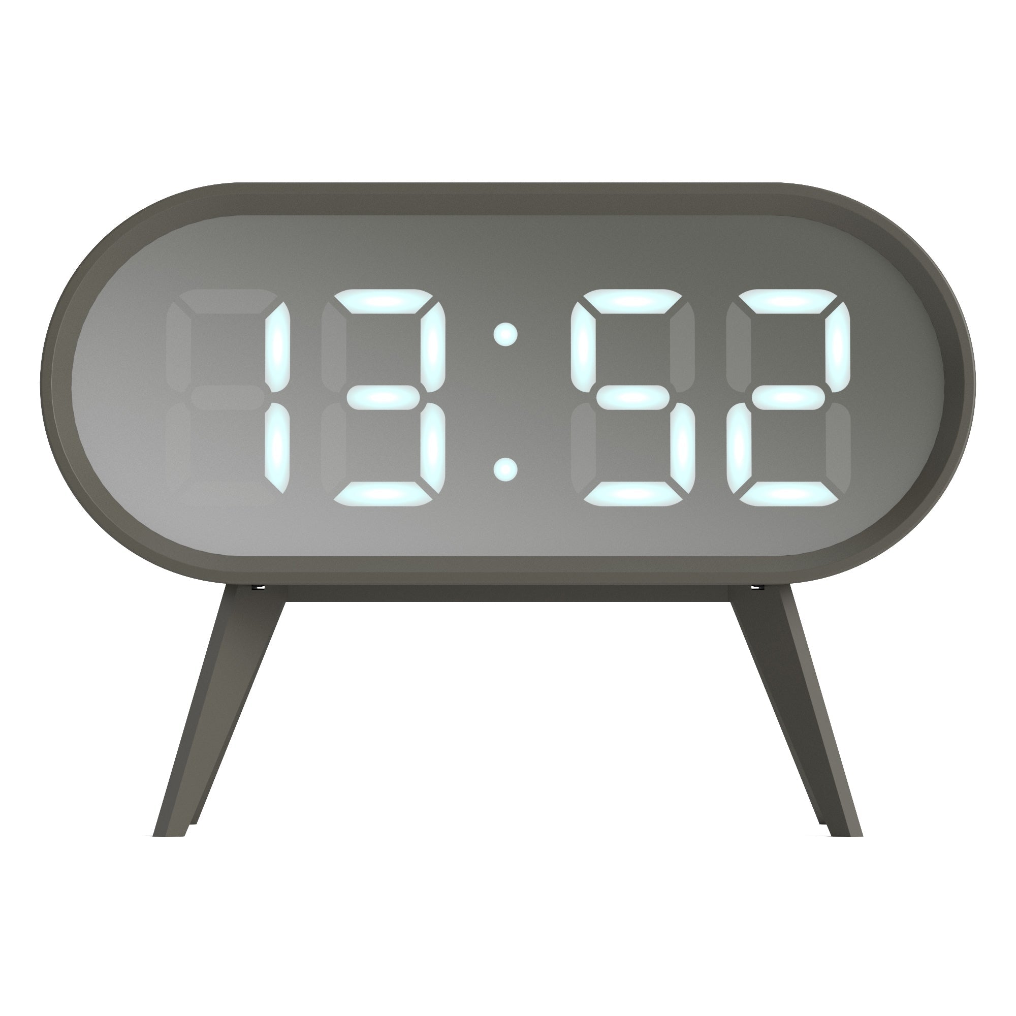 Grey LED alarm clock with large digital display, oval case, and tripod legs