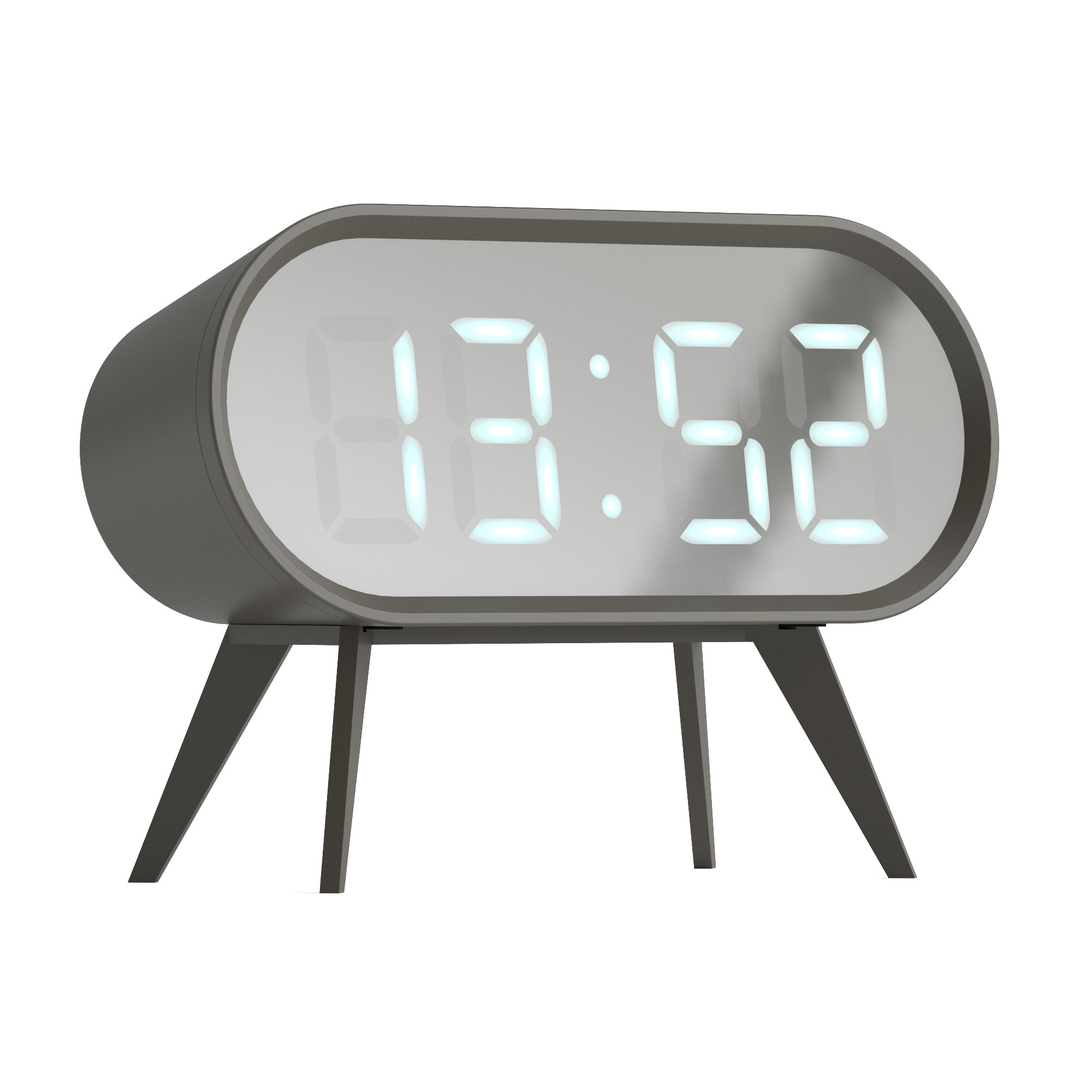 Grey LED alarm clock with large digital display, oval housing, and three legs