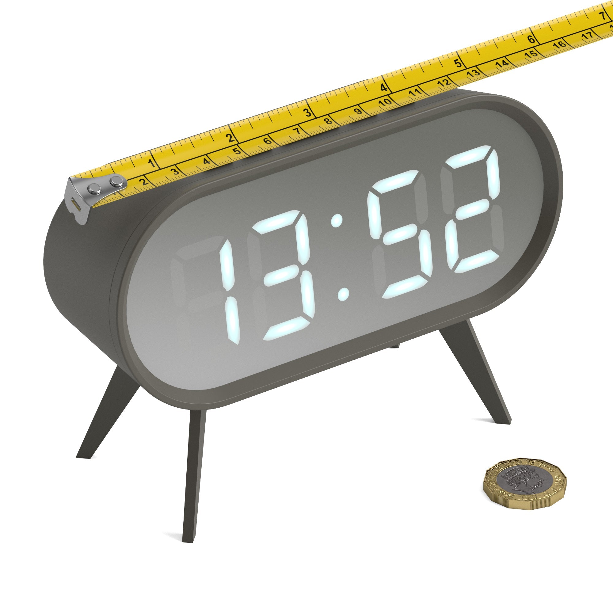 Grey LED alarm clock with large digital display, oval case, and size guide tape