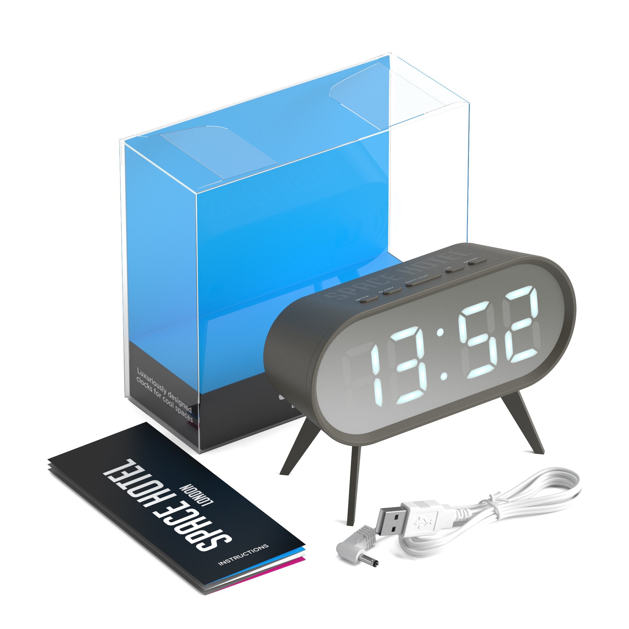 Grey LED alarm clock with accessories, oval display case, and top buttons