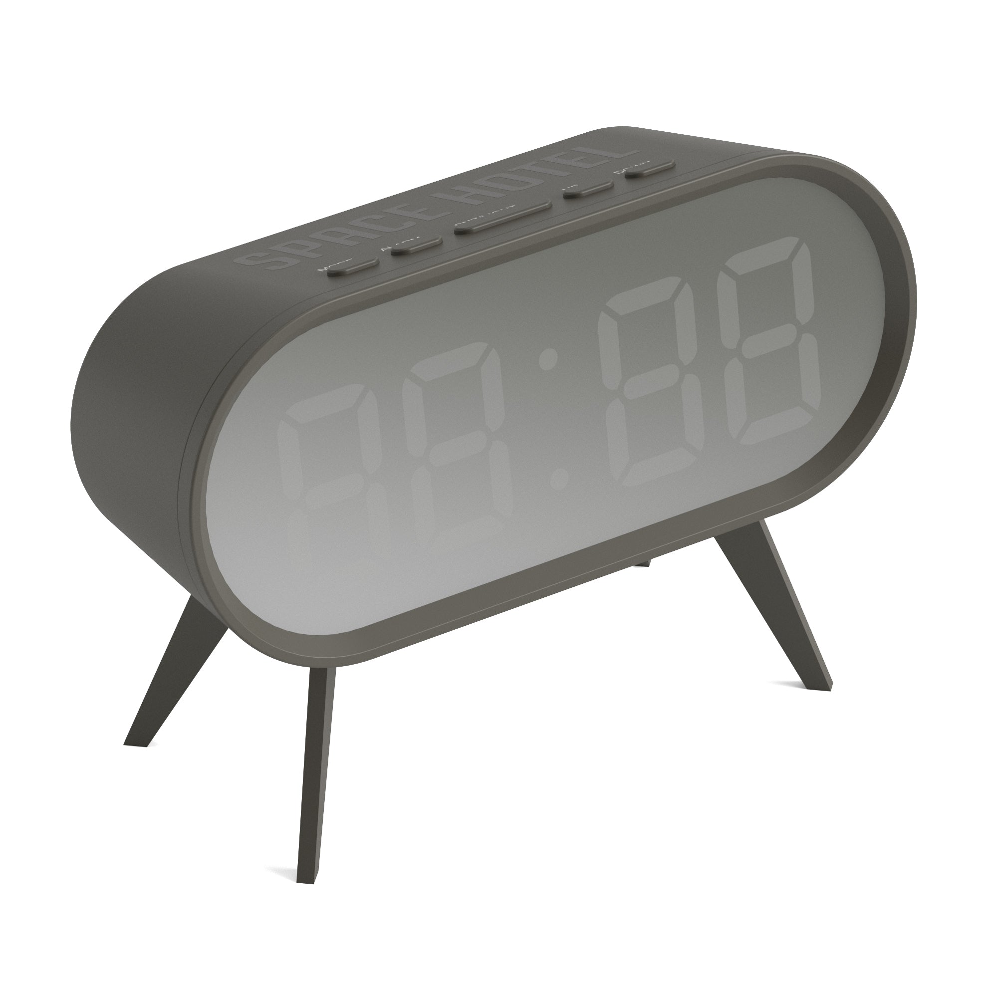 Grey LED alarm clock top view with buttons and oval digital display window