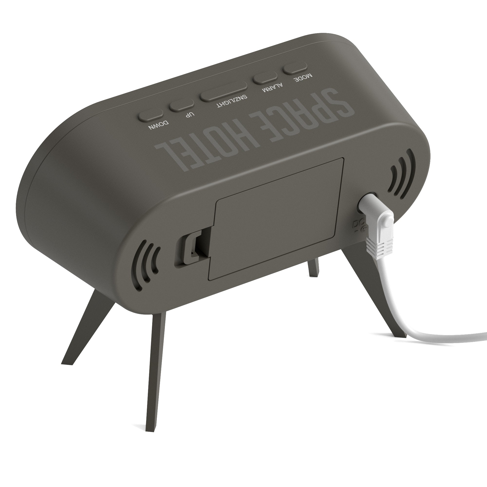 Grey LED alarm clock back view with ports and power cable, tripod base