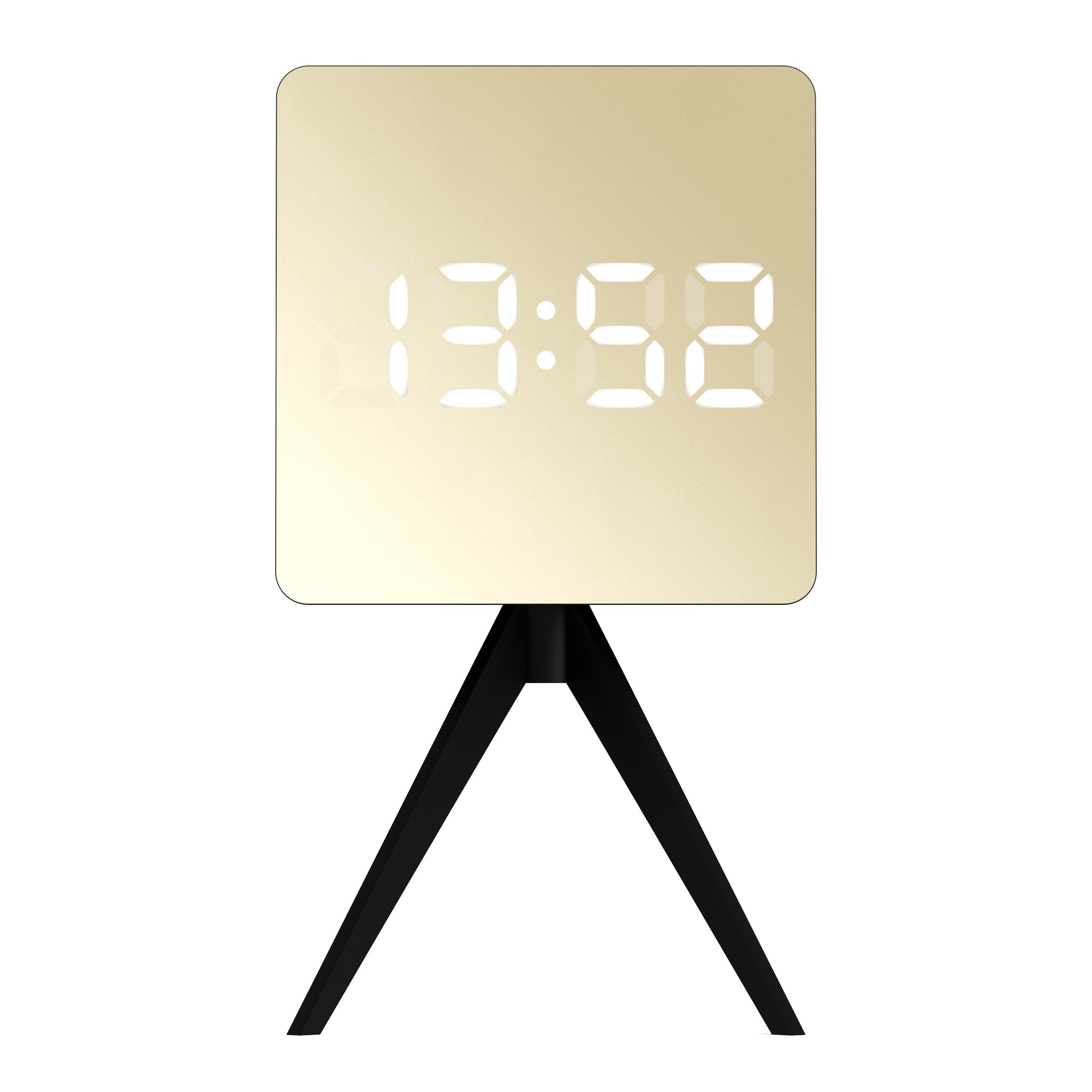 Black LED alarm clock with tripod stand, front time display with glowing digits