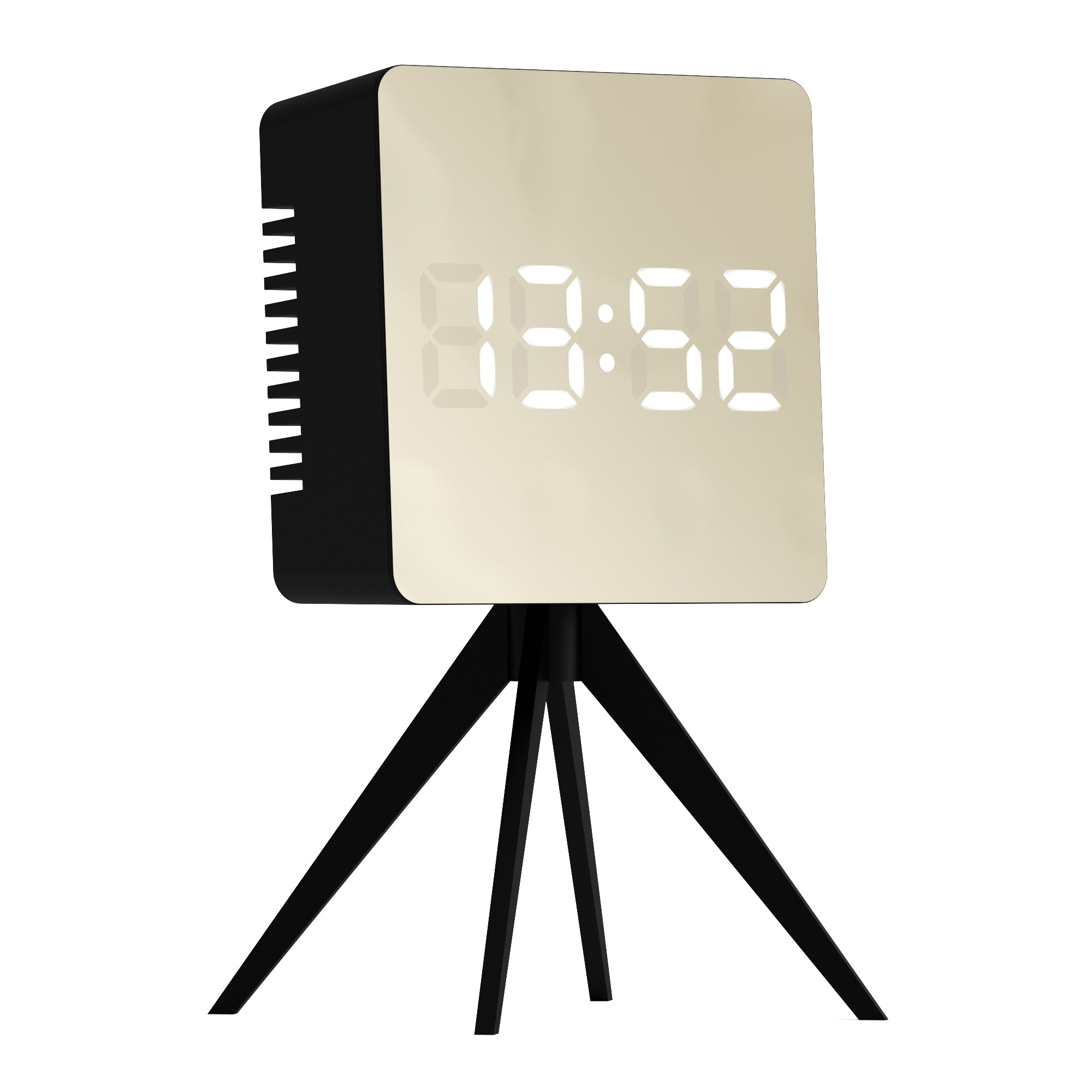 Black LED alarm clock on tripod stand, side profile with glowing time digits