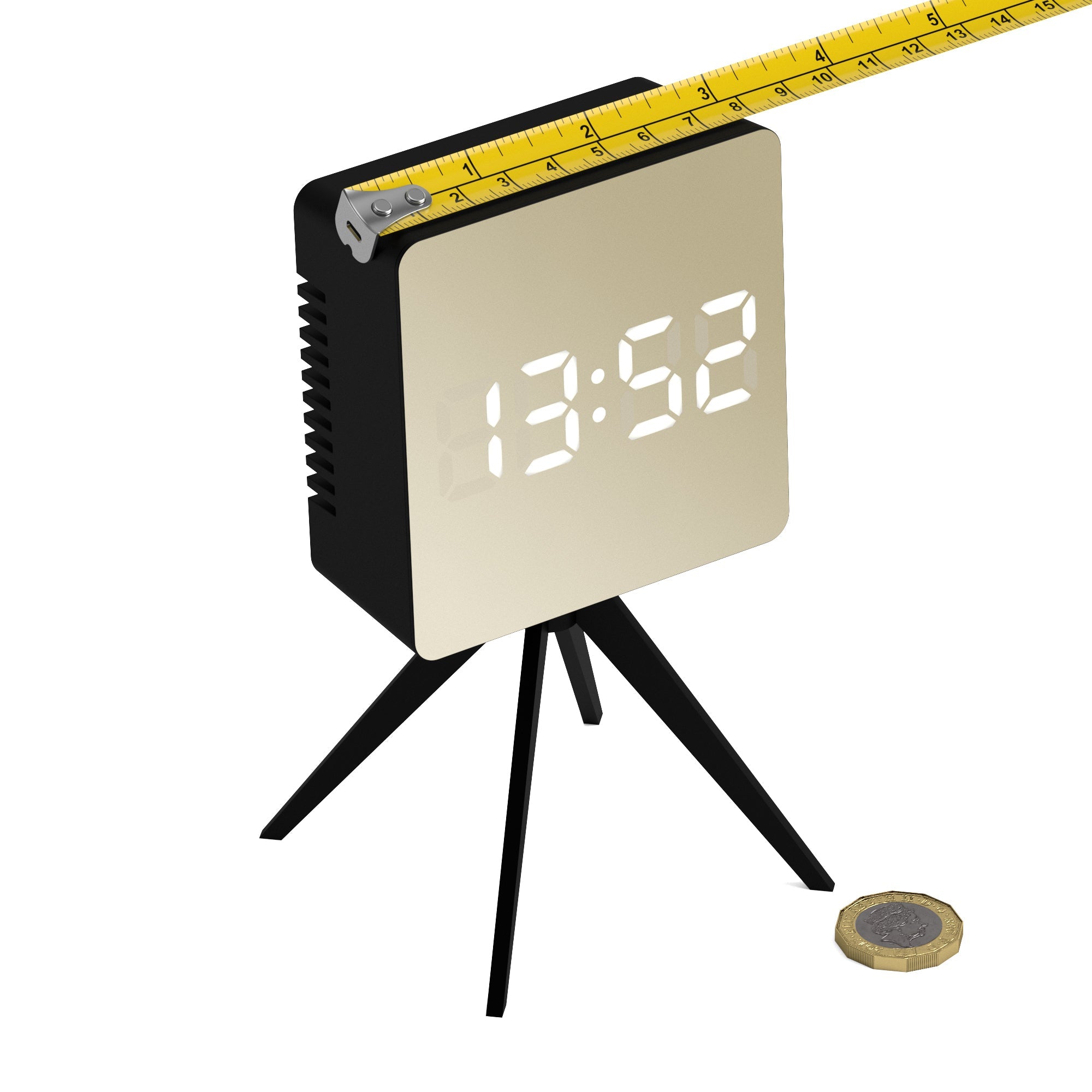 Black LED alarm clock on tripod stand with side venting and glowing time digits