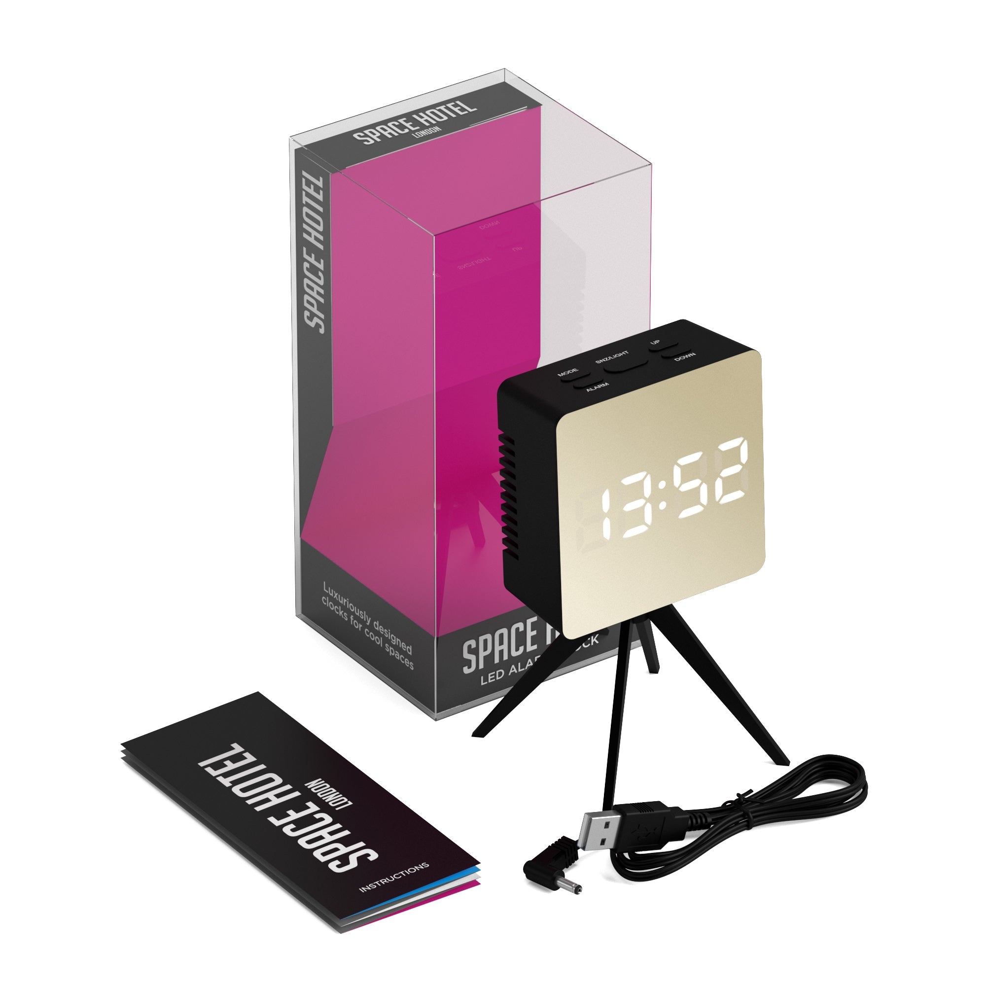 Black LED alarm clock with tripod stand and glowing time display, shown with box