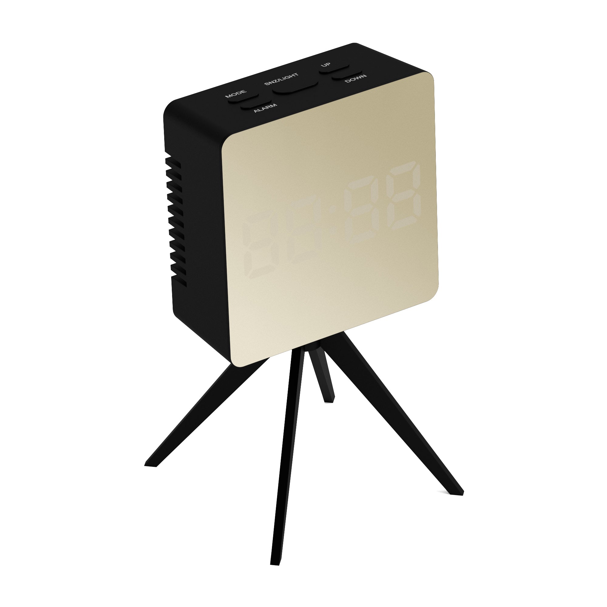 Black LED alarm clock with tripod stand and top control buttons, glowing time digits
