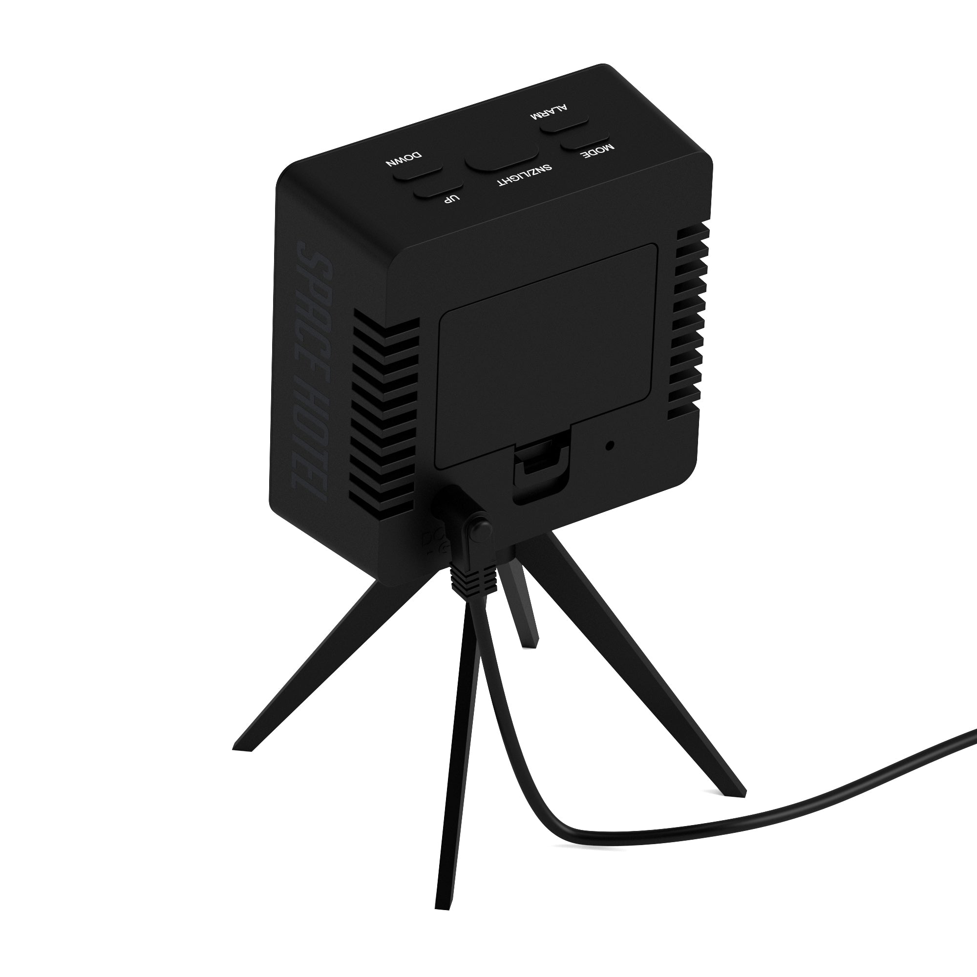 Black LED alarm clock back view with tripod stand and connected power cable