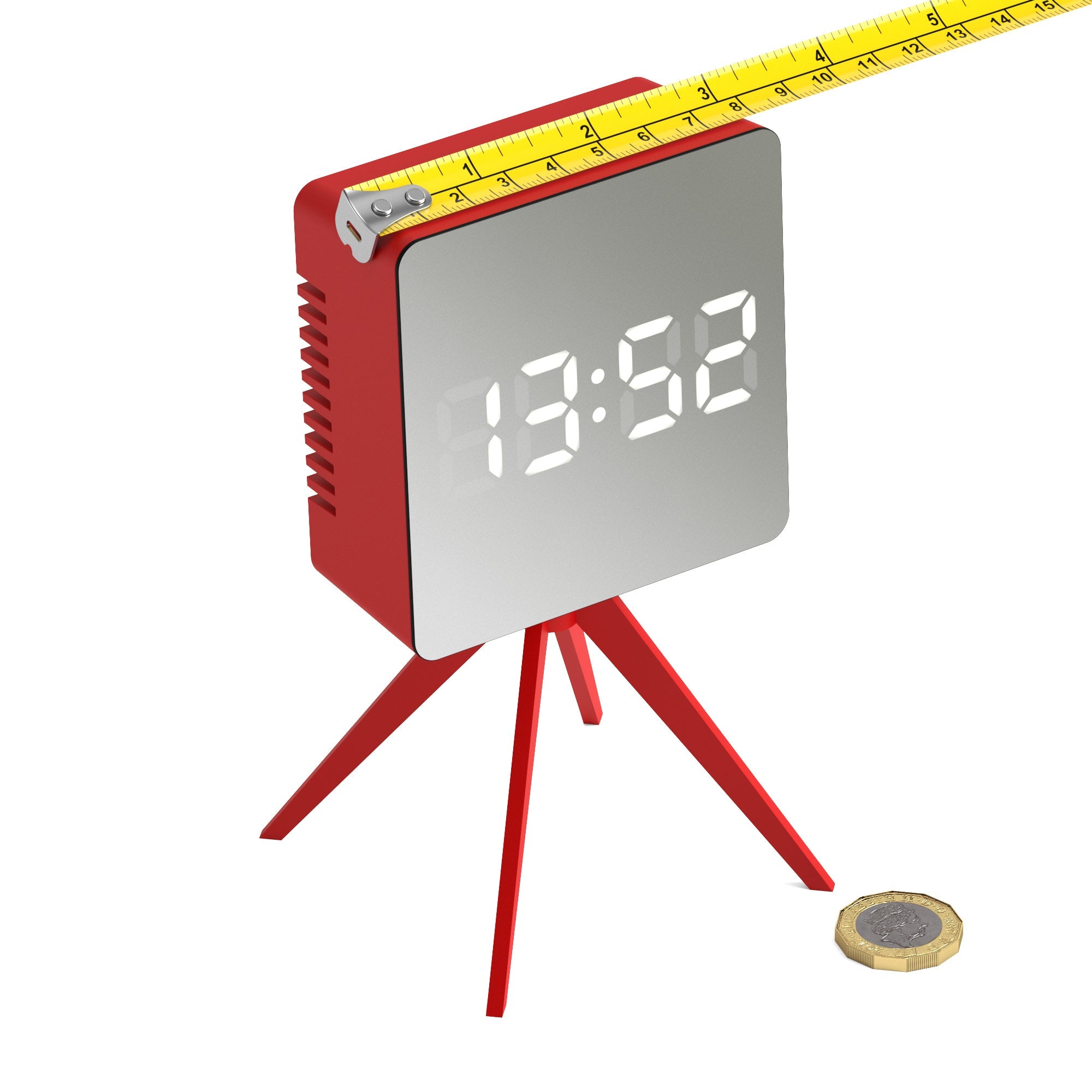 Newgate Space Hotel Droid LED alarm clock with red body, LED time display, tripod legs