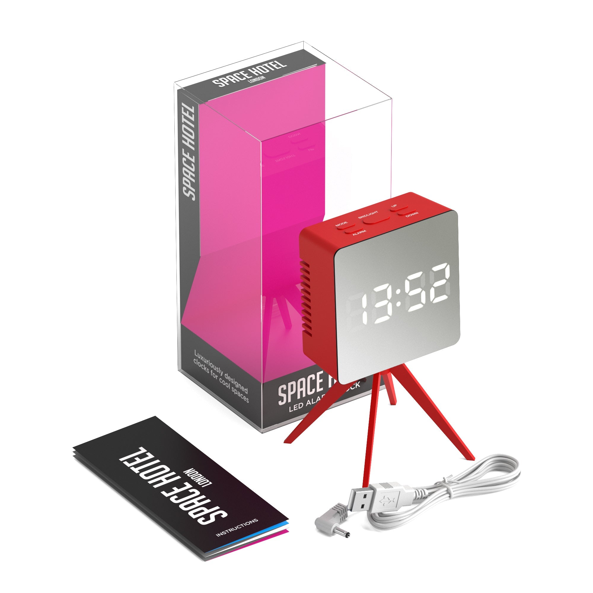 Newgate Space Hotel Droid LED alarm clock with red body, tripod legs, and LED time display