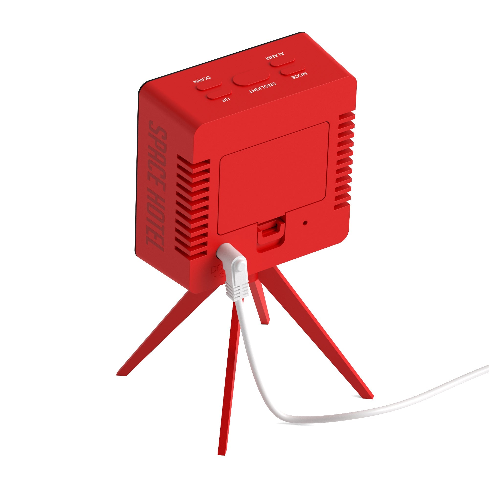 Newgate Space Hotel Droid LED alarm clock with red back controls and tripod legs