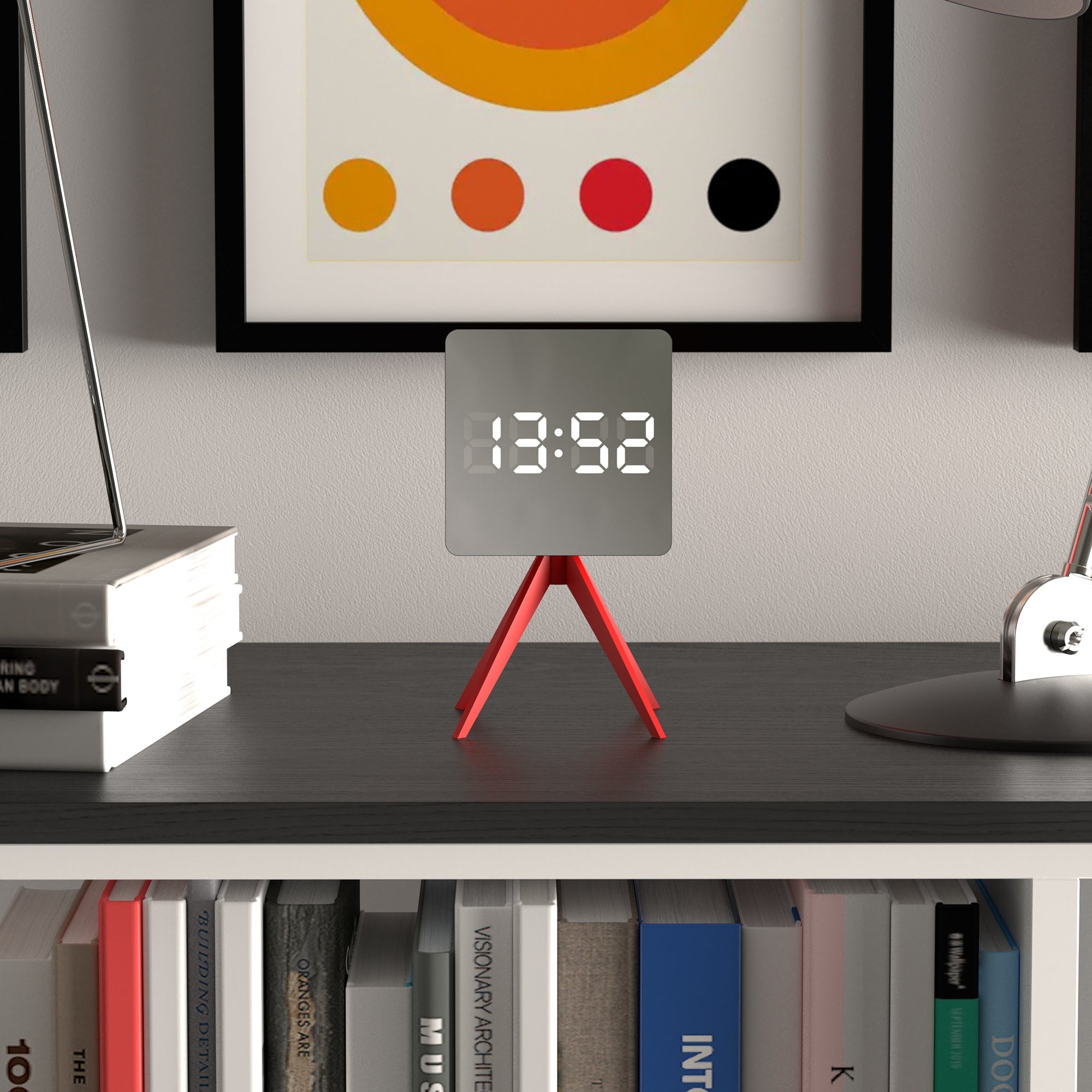 Newgate Space Hotel Droid LED alarm clock on tabletop with red tripod and LED time digits