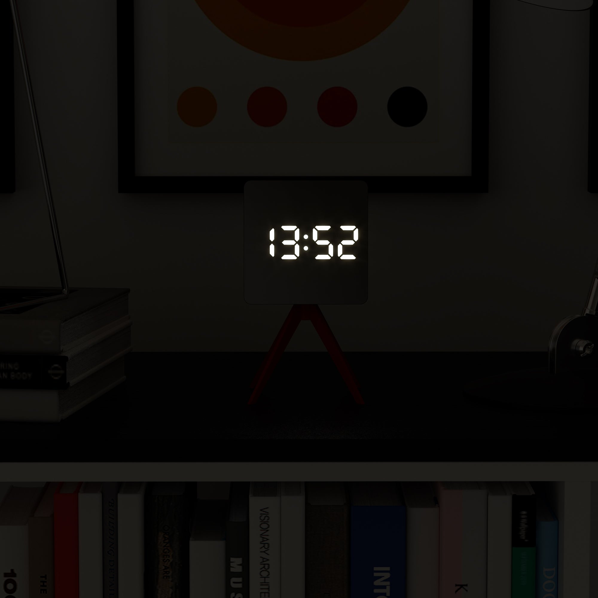 Newgate Space Hotel Droid LED alarm clock on dark tabletop, red tripod and glowing LED digits
