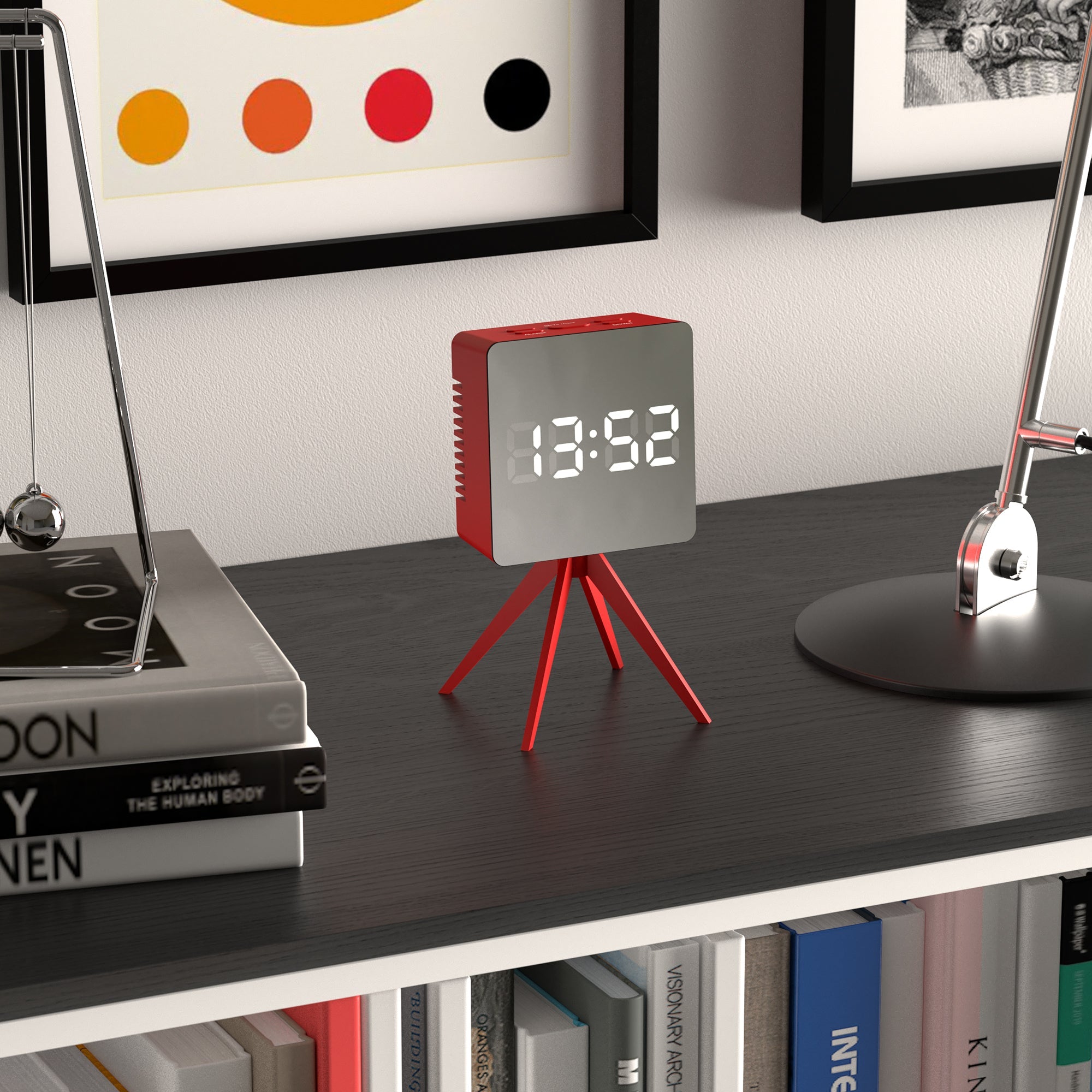 Newgate Space Hotel Droid LED alarm clock on shelf with red tripod and LED time display