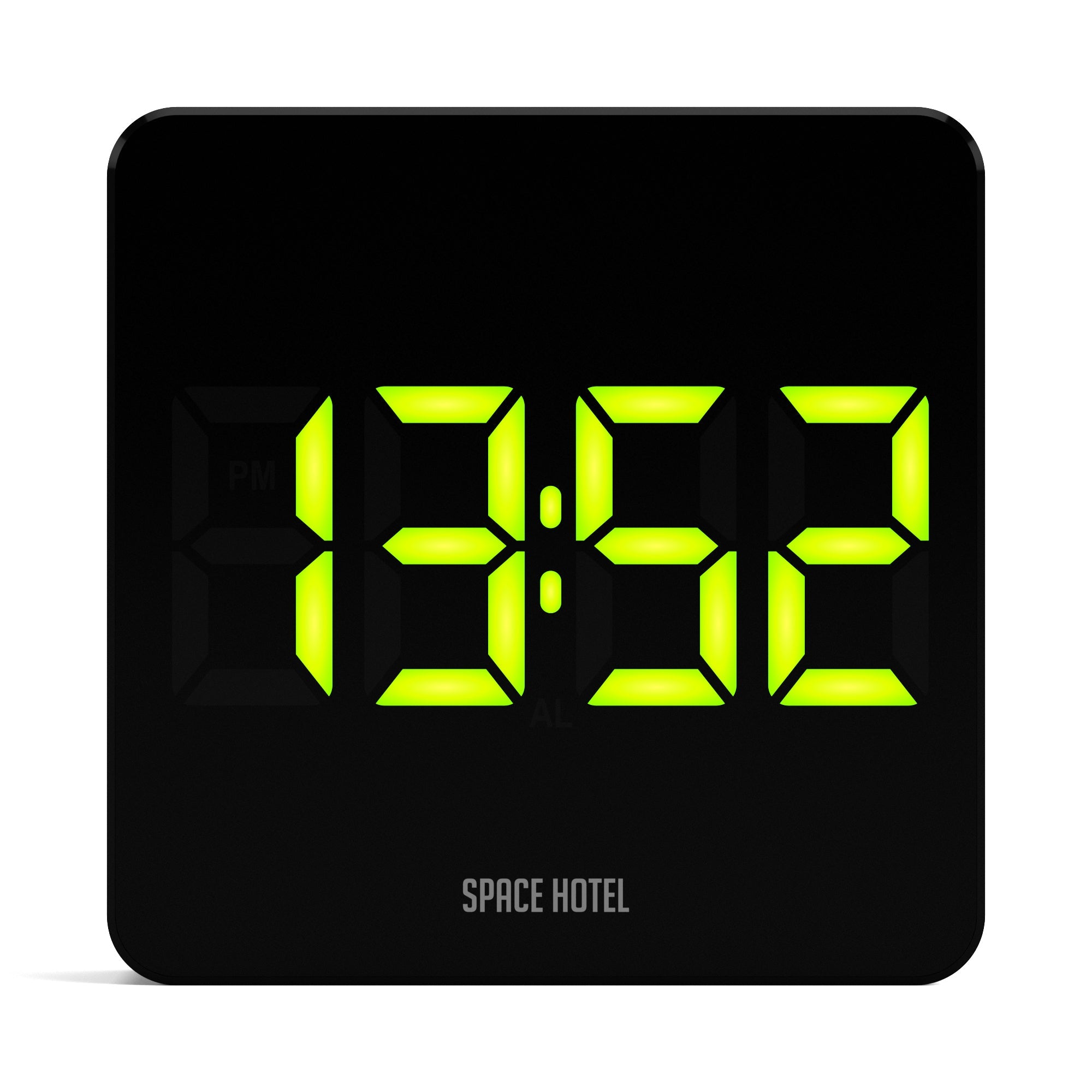 Black alarm clock with green LED time digits and Space Hotel text on front