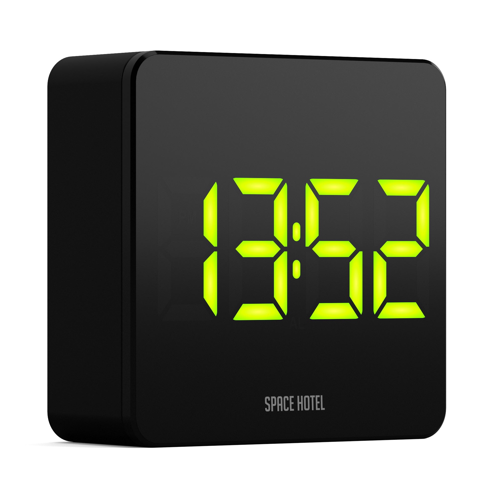 Black alarm clock with green LED time display and Space Hotel logo on front