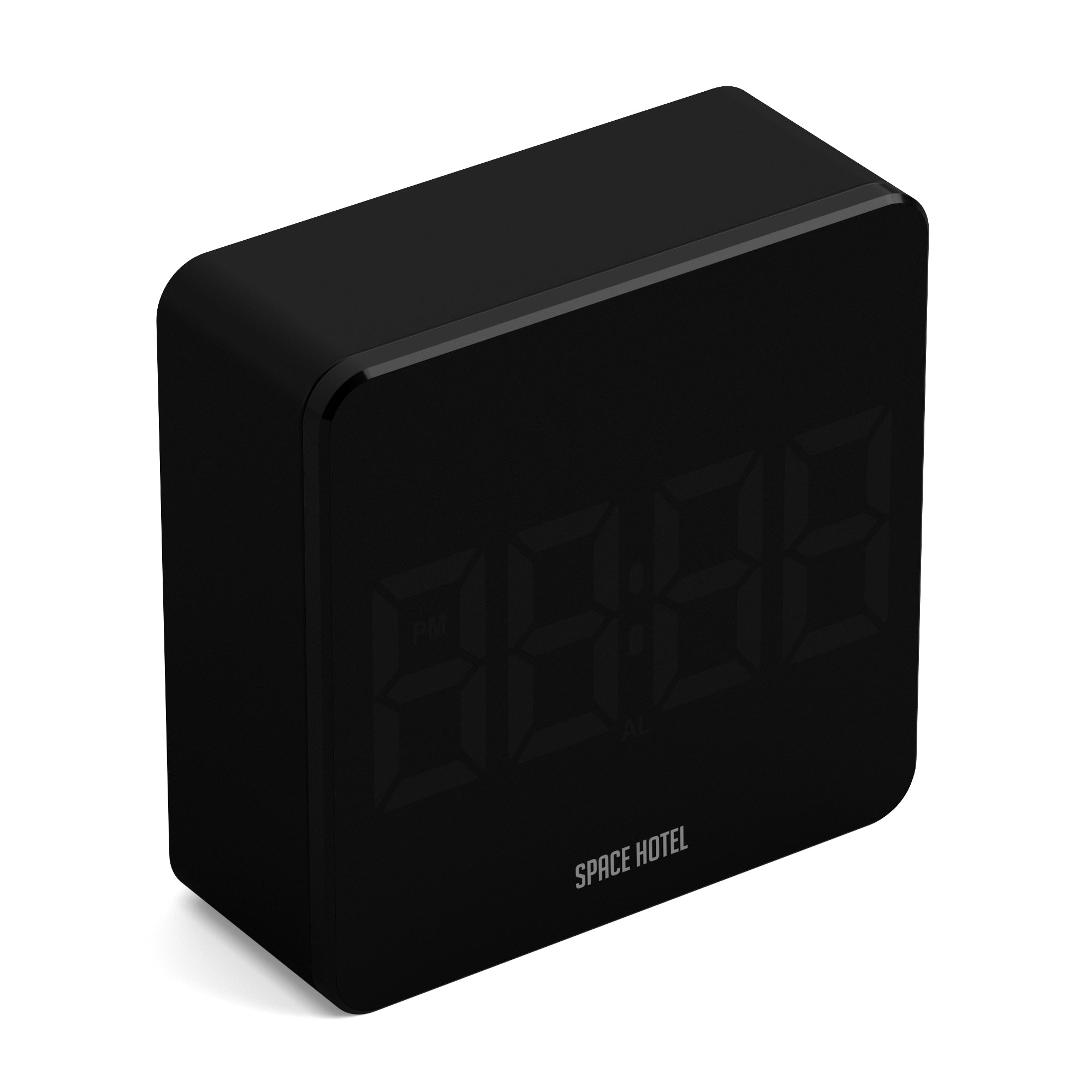 Black alarm clock with unlit screen and Space Hotel logo on front
