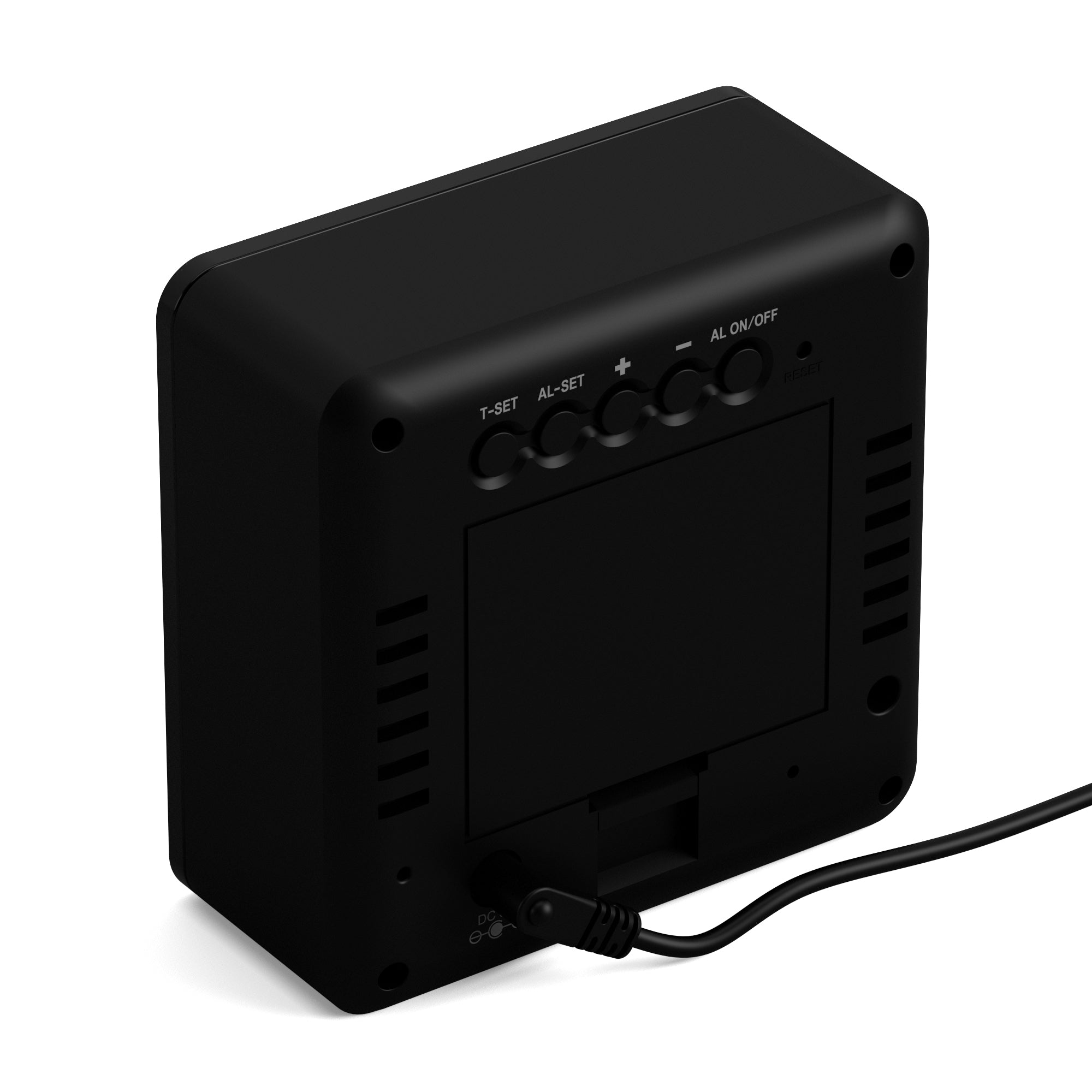 Black alarm clock back panel with buttons, vents, and USB power cable