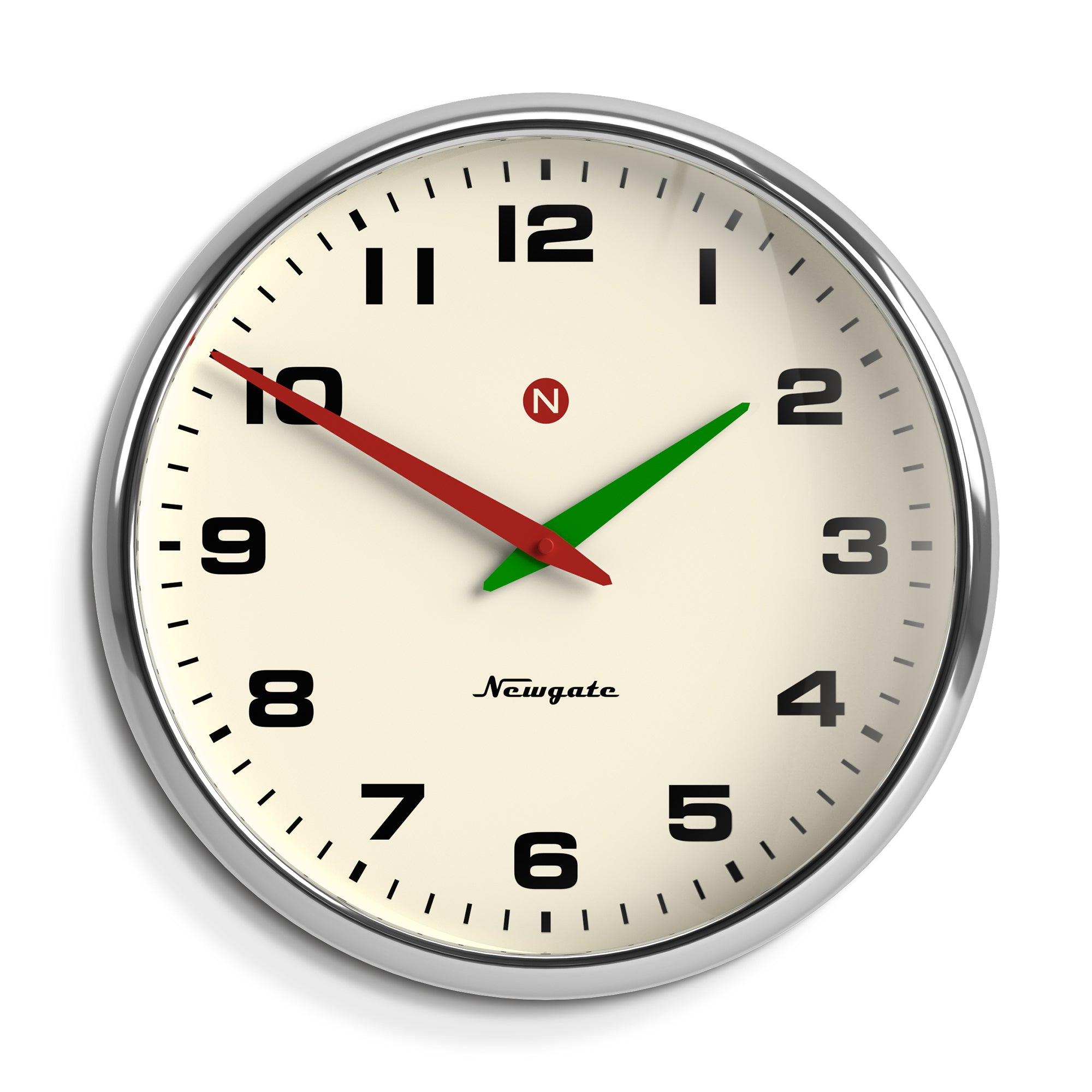 Chrome wall clock with cream dial, red and green hands, black hour markers.