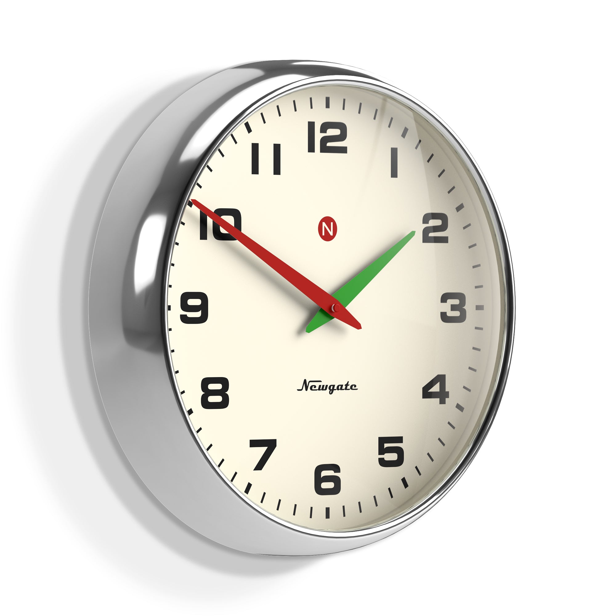 Chrome oval wall clock, cream face with red/green hands and black numbers.