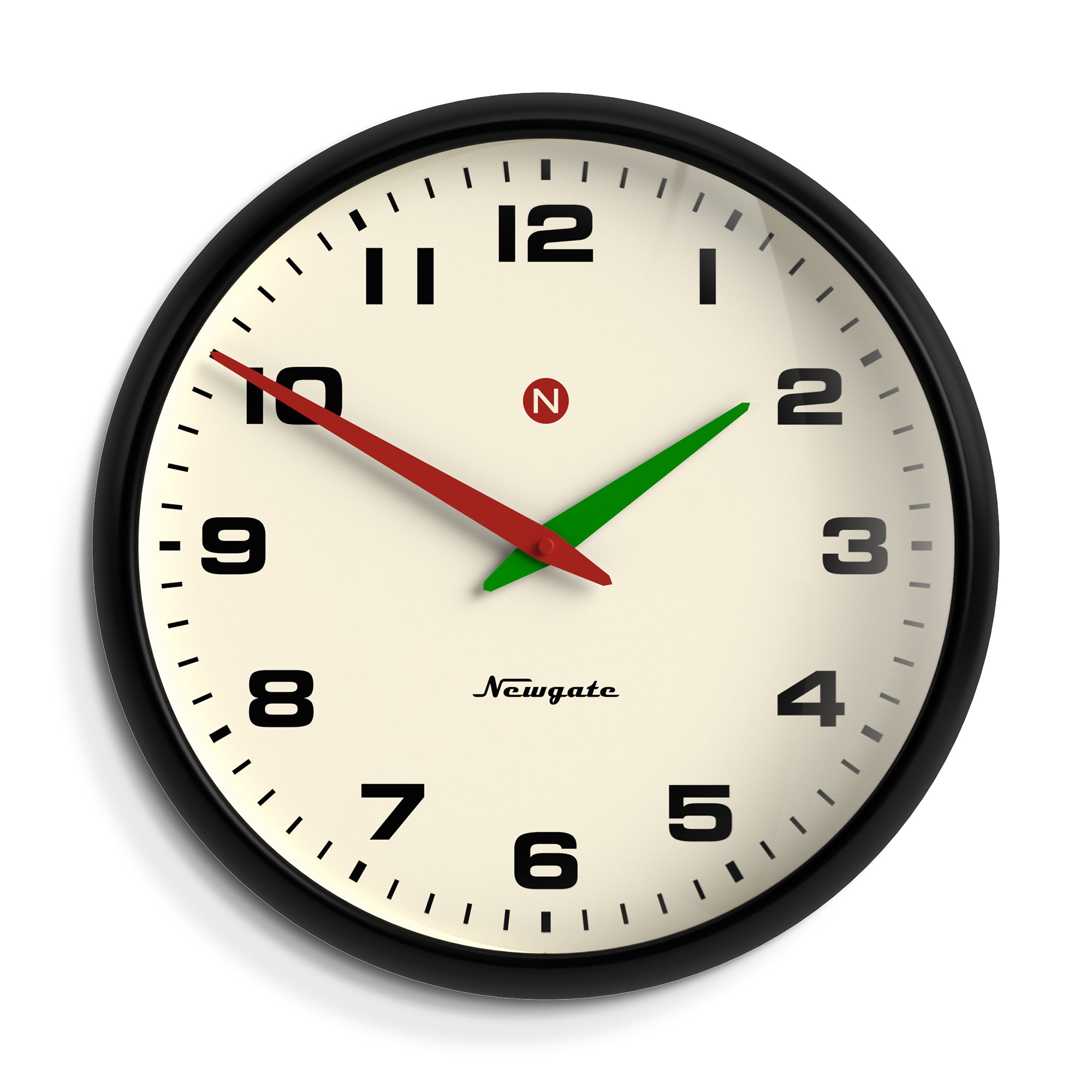 Black wall clock with cream dial, bold numbers, red and green hands, and Newgate logo.