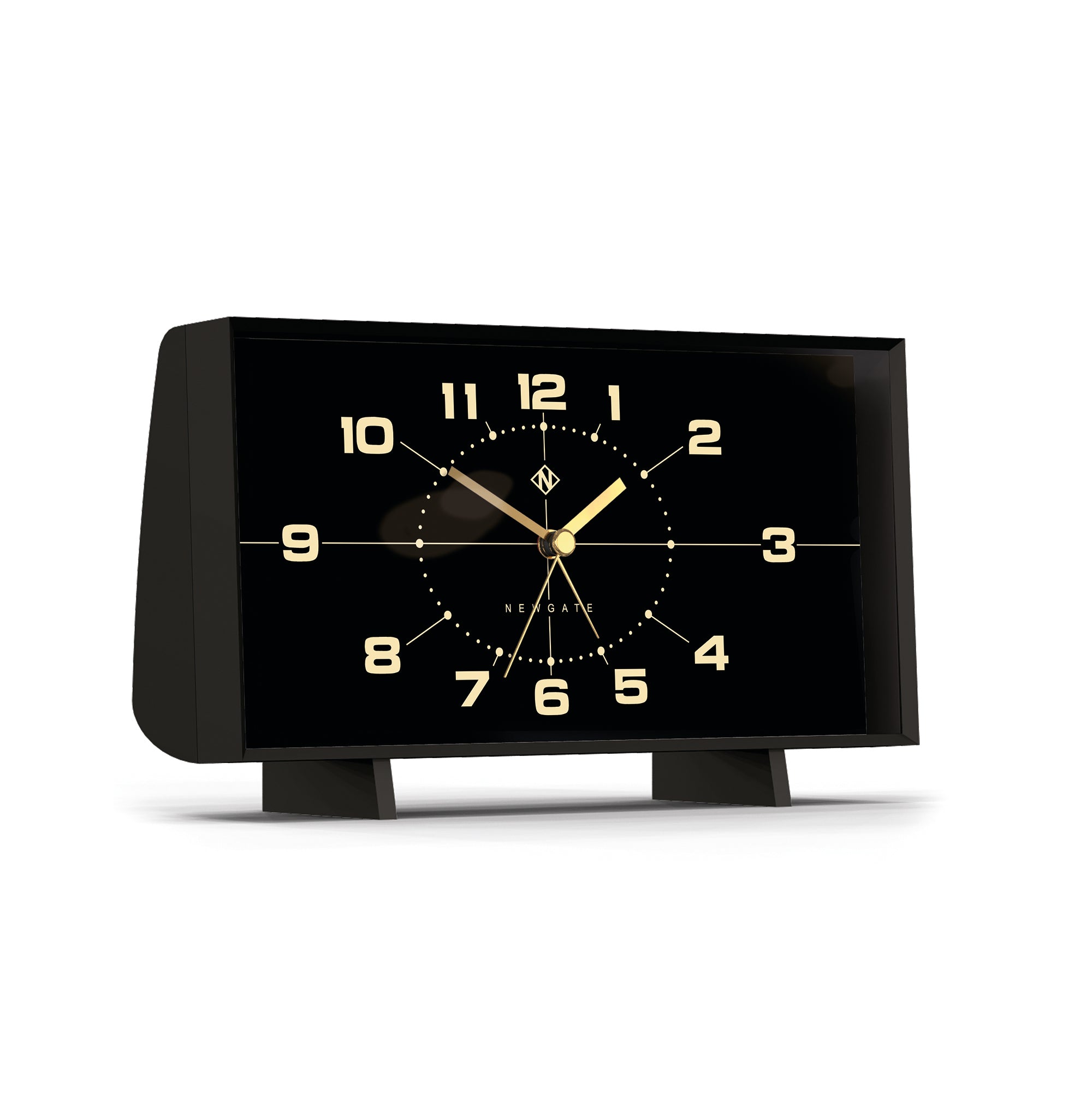 Angled black reverse-dial alarm clock with gold hands and stand legs